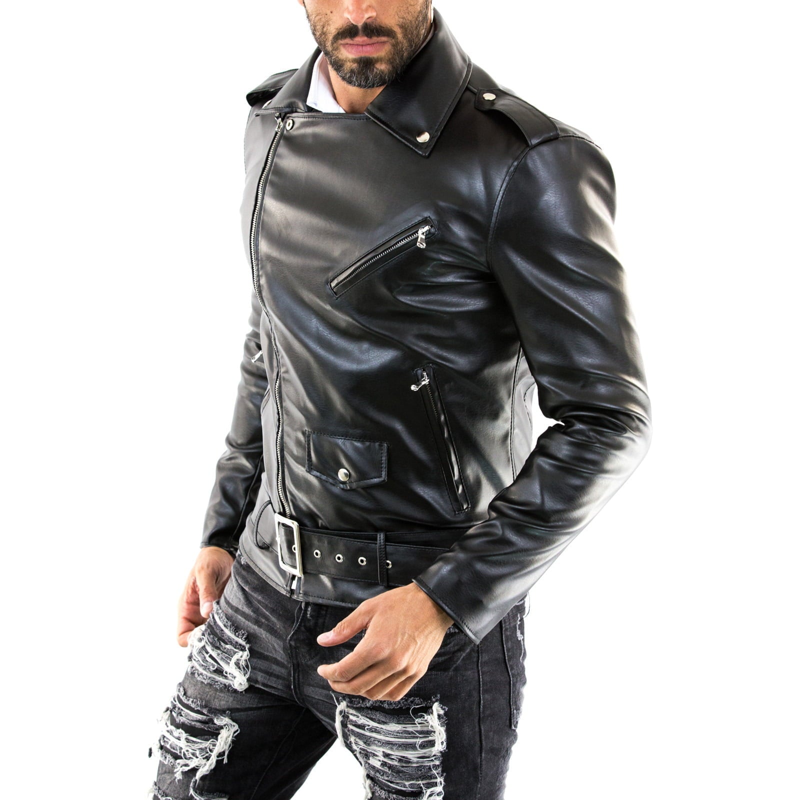 Chiodo Biker In Vera Pelle Nero Uomo Slim Interno Rosso Rindway