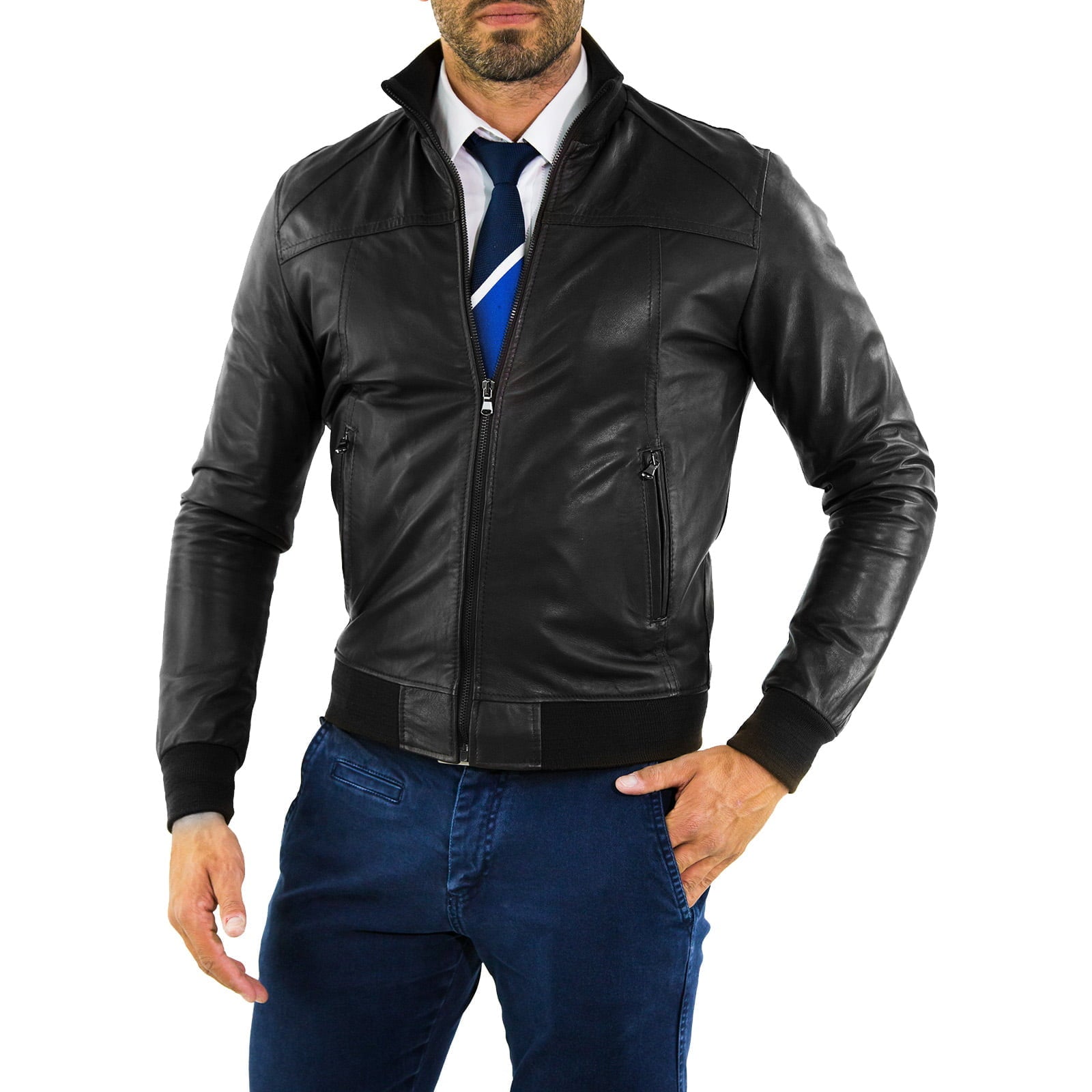 Men's Black Genuine Leather Bomber Jacket With Rindway Jersey Cuffs, Neck Waist