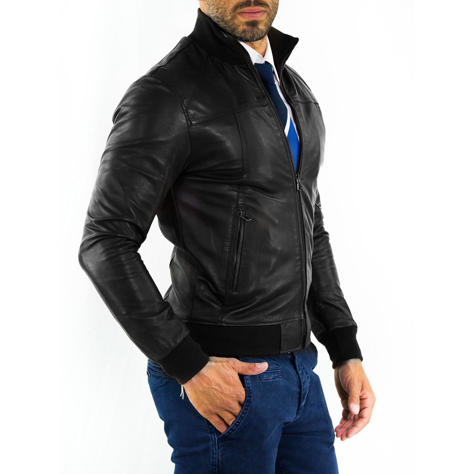 Men's Black Genuine Leather Bomber Jacket With Rindway Jersey Cuffs, Neck Waist