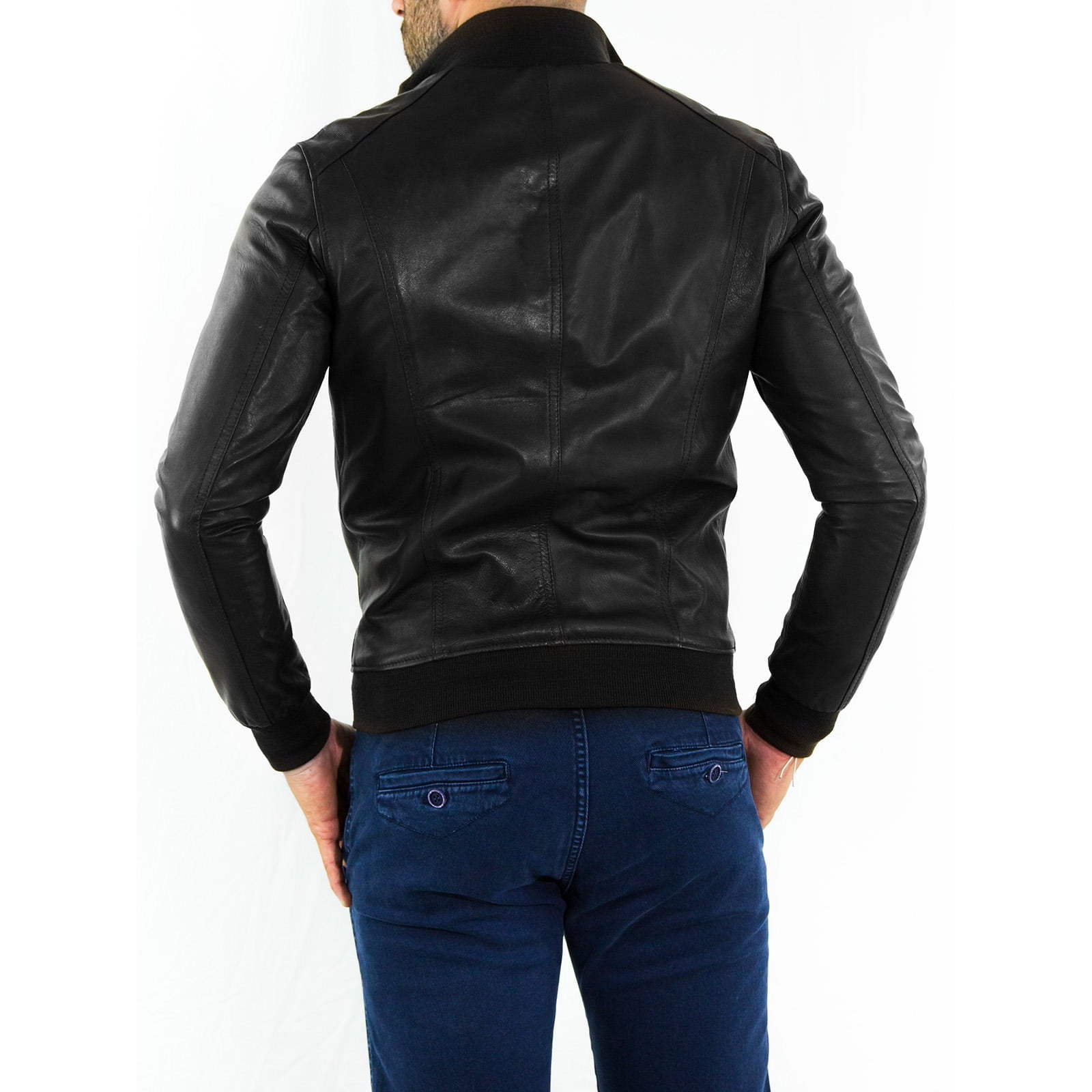 Men's Black Genuine Leather Bomber Jacket With Rindway Jersey Cuffs, Neck Waist