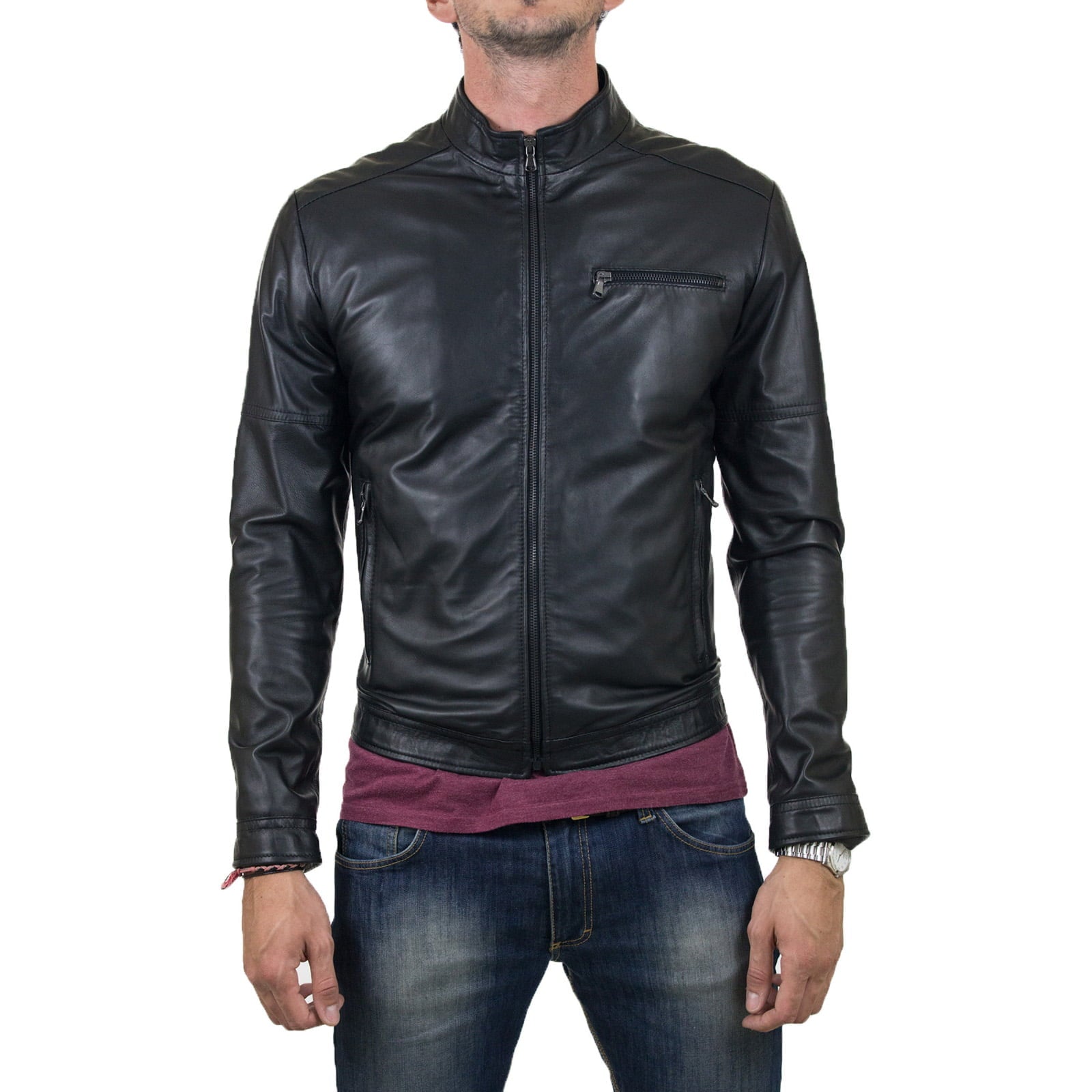 Slim Men's Black Genuine Leather Biker Jacket With Detail Rindway Arm Stitching