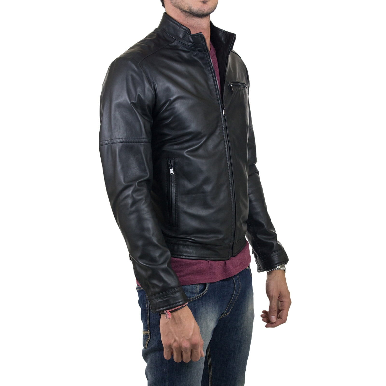 Slim Men's Black Genuine Leather Biker Jacket With Detail Rindway Arm Stitching