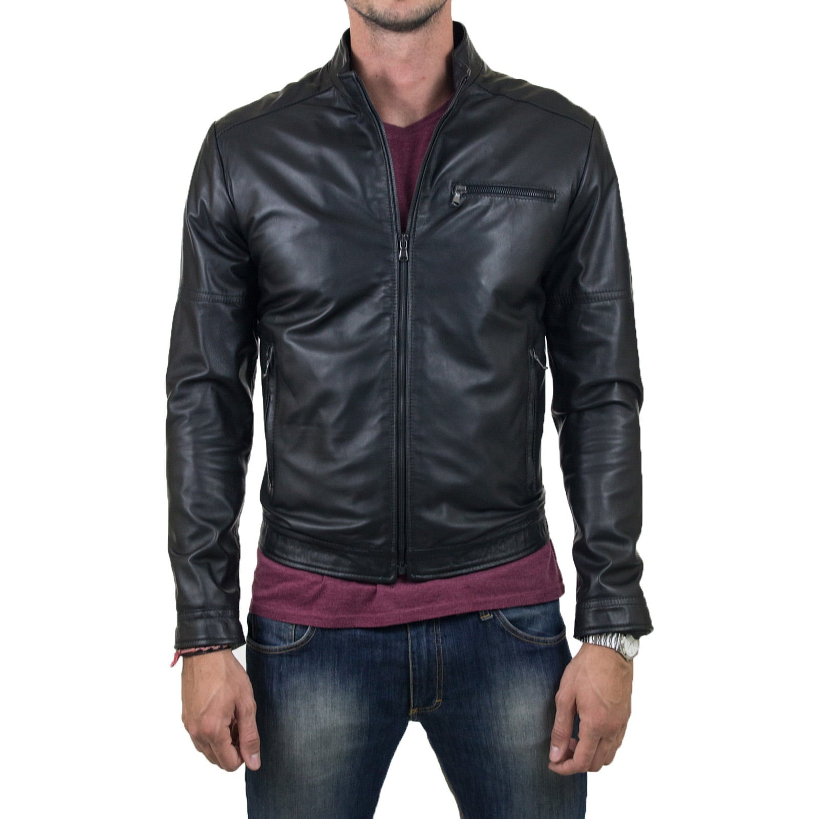 Slim Men's Black Genuine Leather Biker Jacket With Detail Rindway Arm Stitching