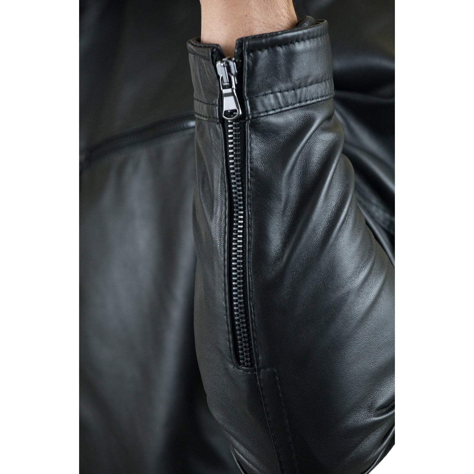 Slim Men's Black Genuine Leather Biker Jacket With Detail Rindway Arm Stitching