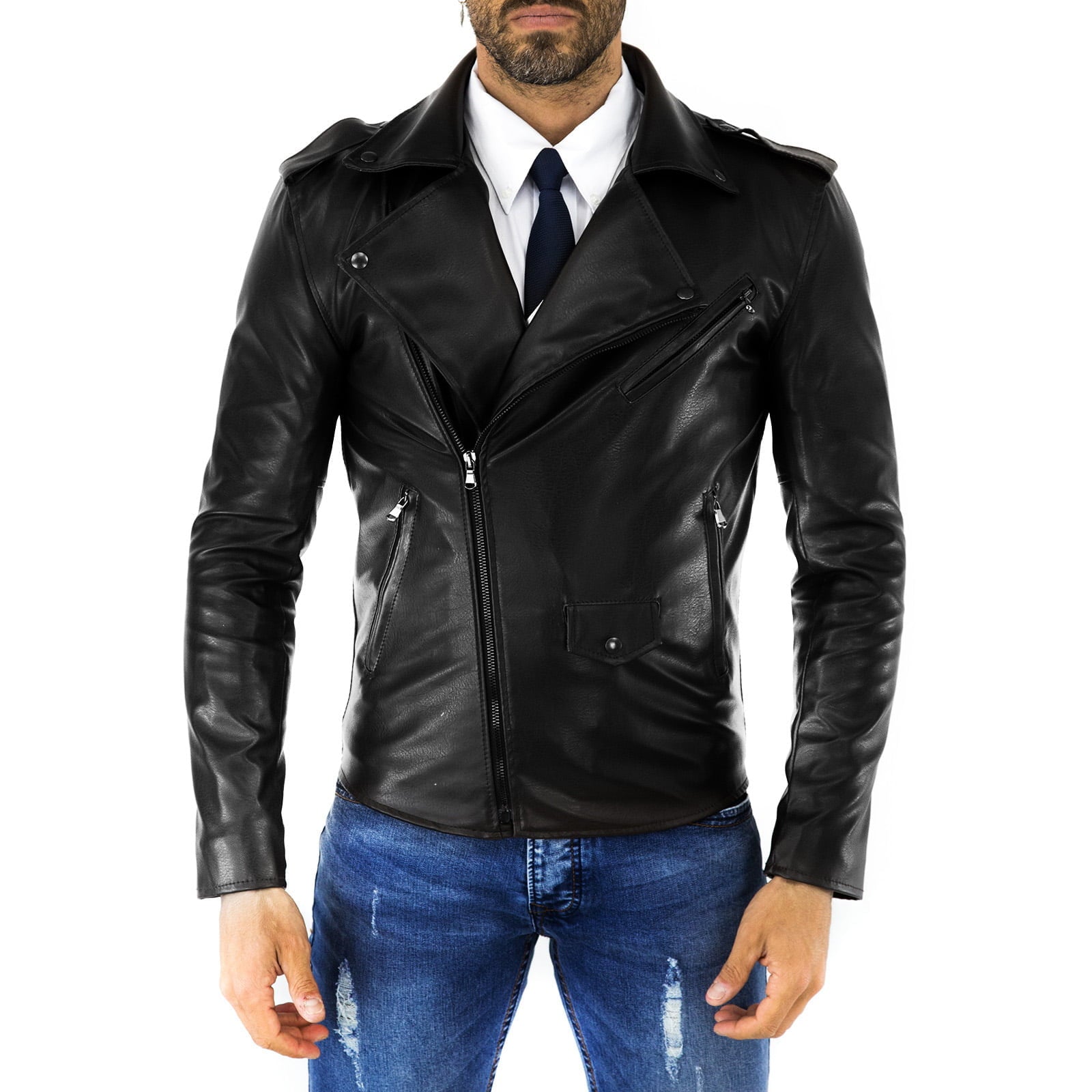 Chiodo Biker In Vera Pelle Blu Uomo Slim Accessori Scuri Rindway