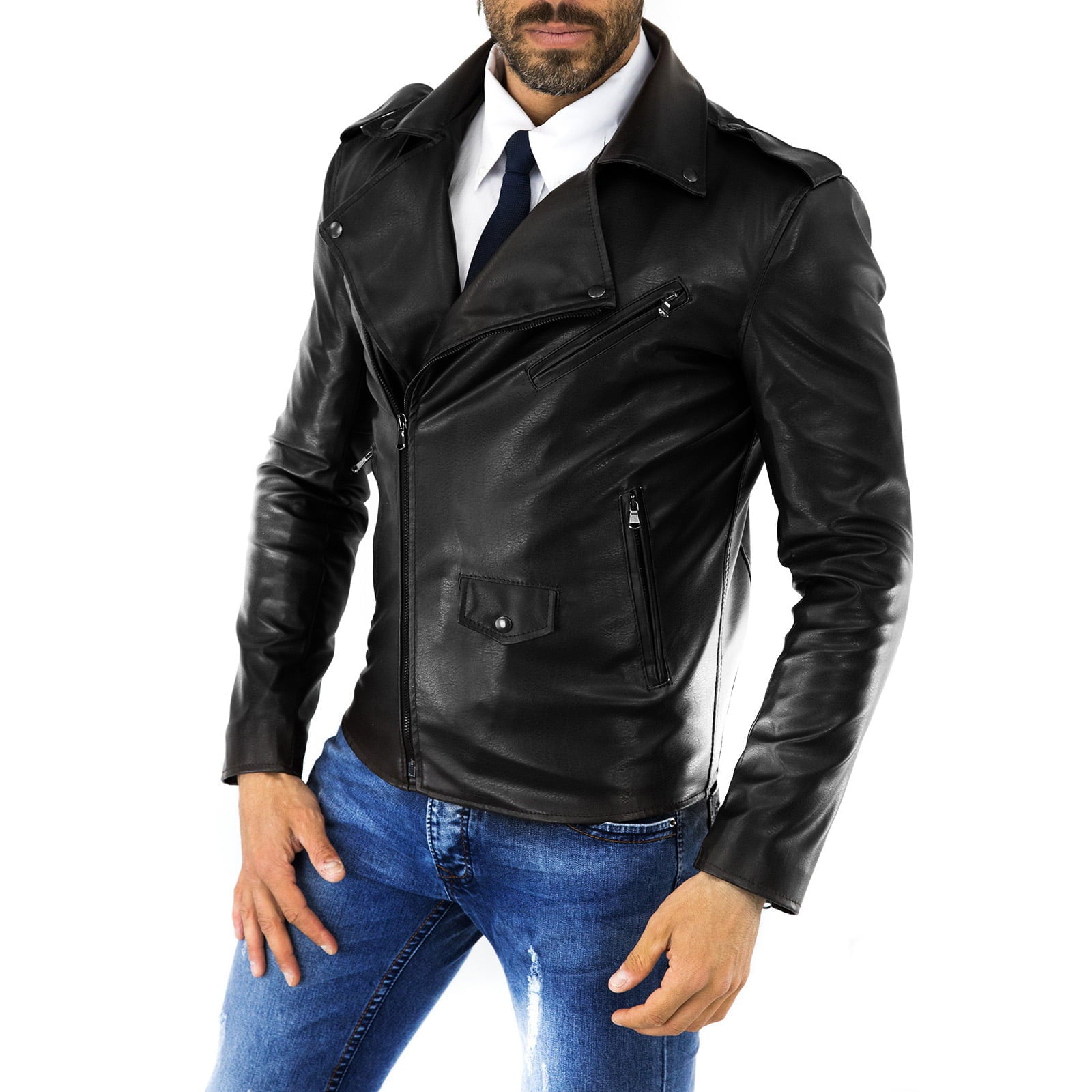 Chiodo Biker In Vera Pelle Nero Uomo Slim Accessori Scuri Rindway