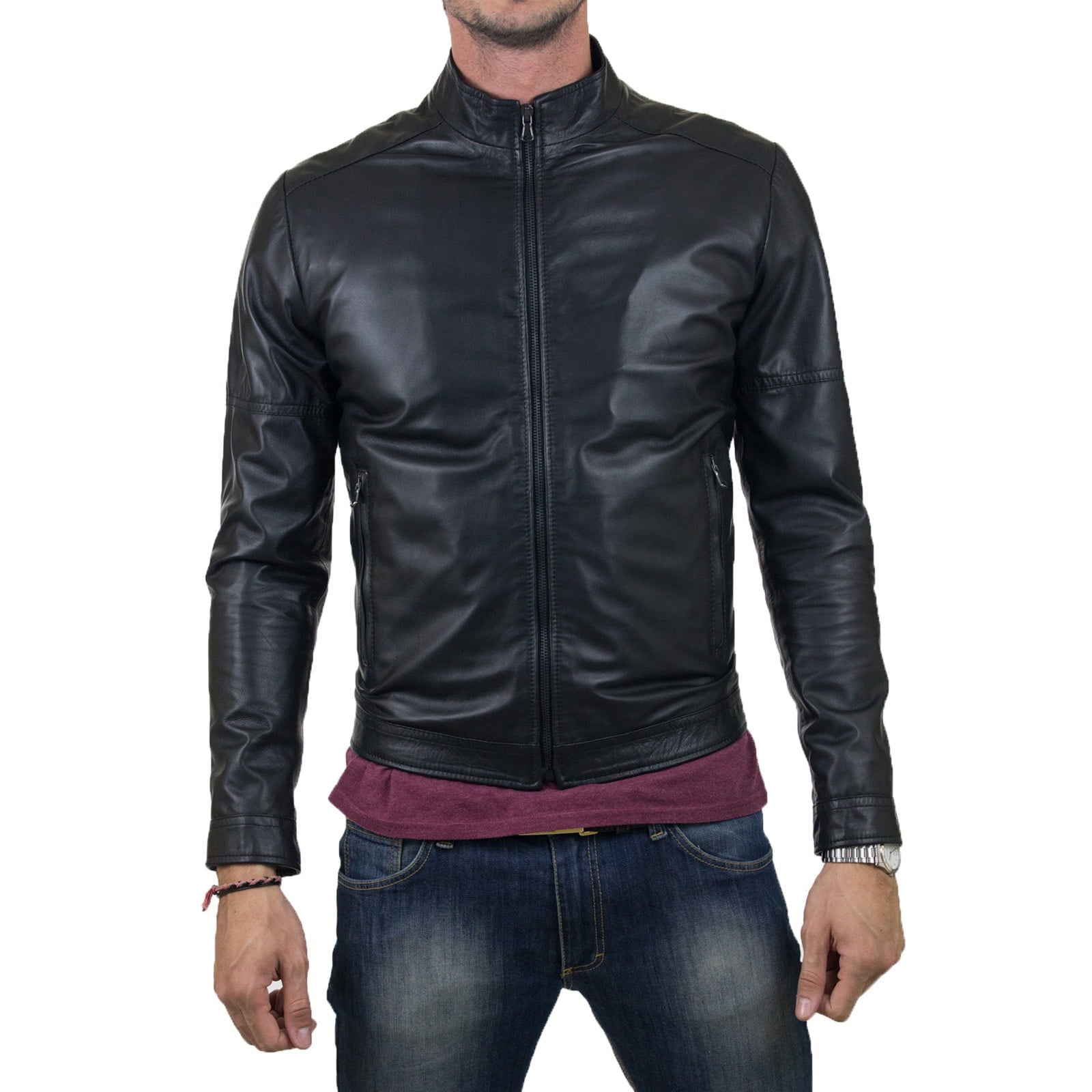 Slim Men's Genuine Leather Biker Jacket. Details on the arms. Rindway Outlet