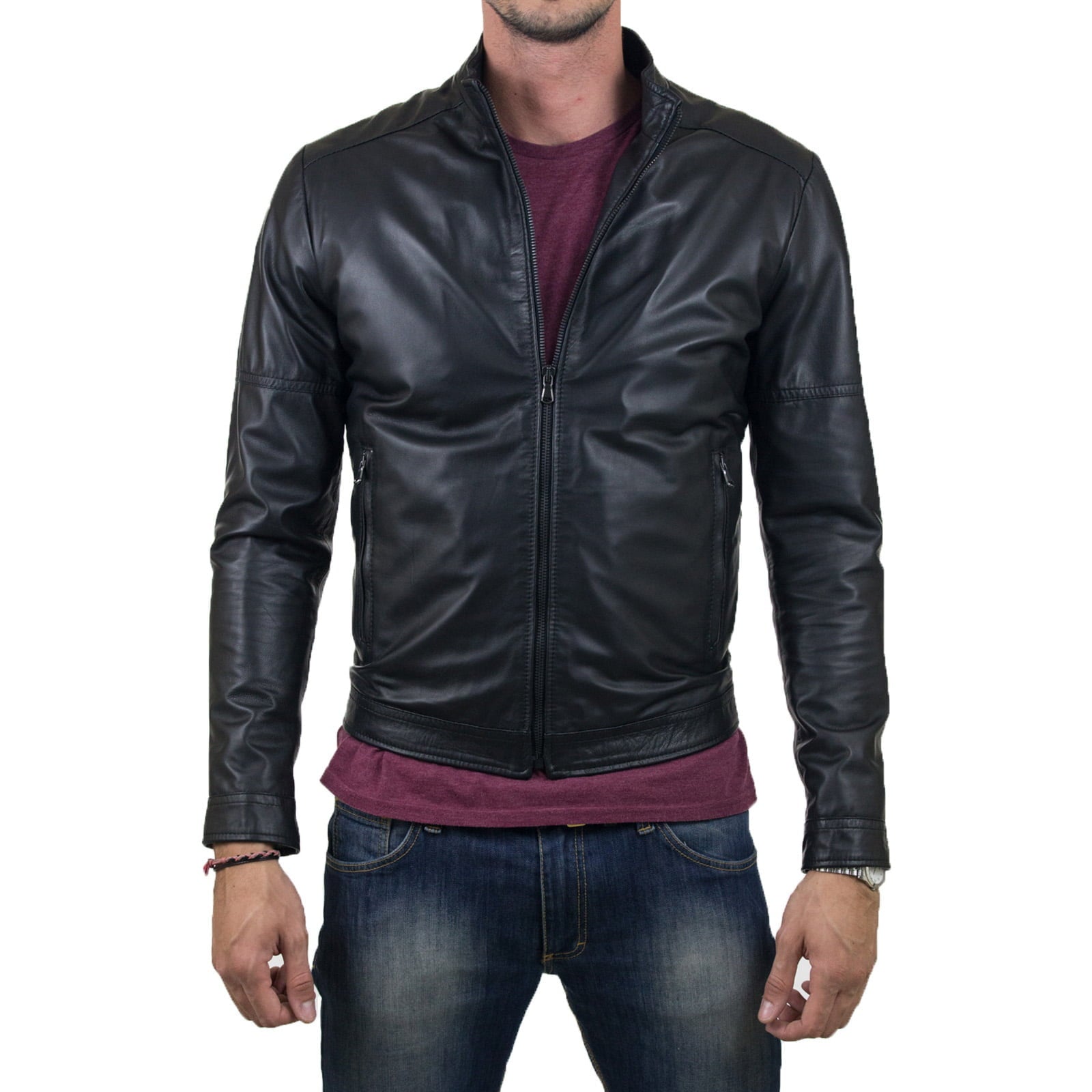 Men's Genuine Leather Biker Jacket Black Slim Details On The Arms Rindway