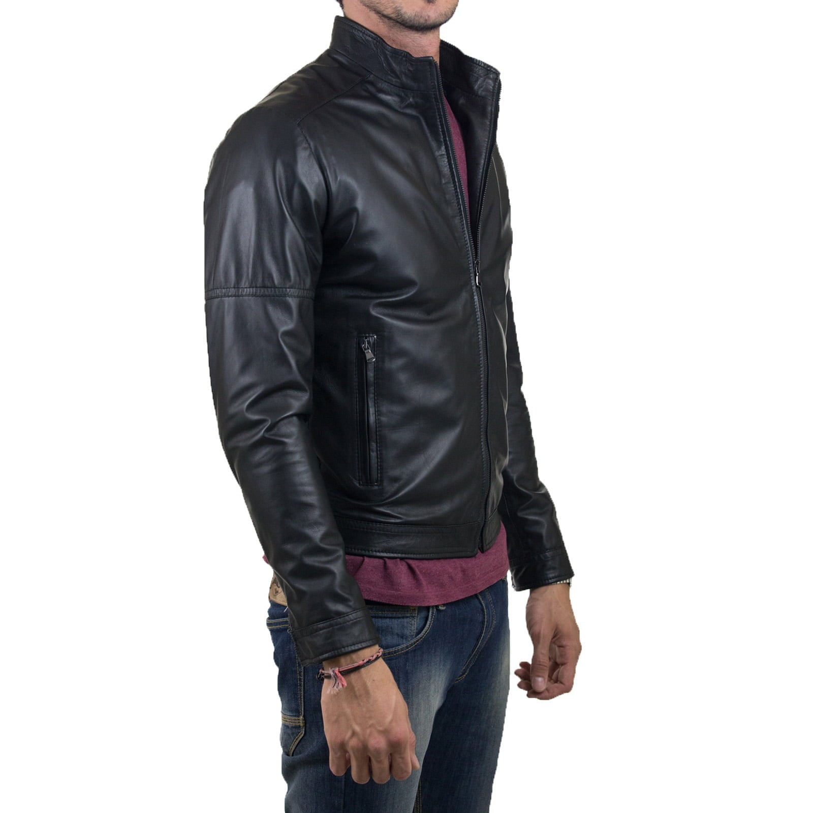 Men's Genuine Leather Biker Jacket Black Slim Details On The Arms Rindway