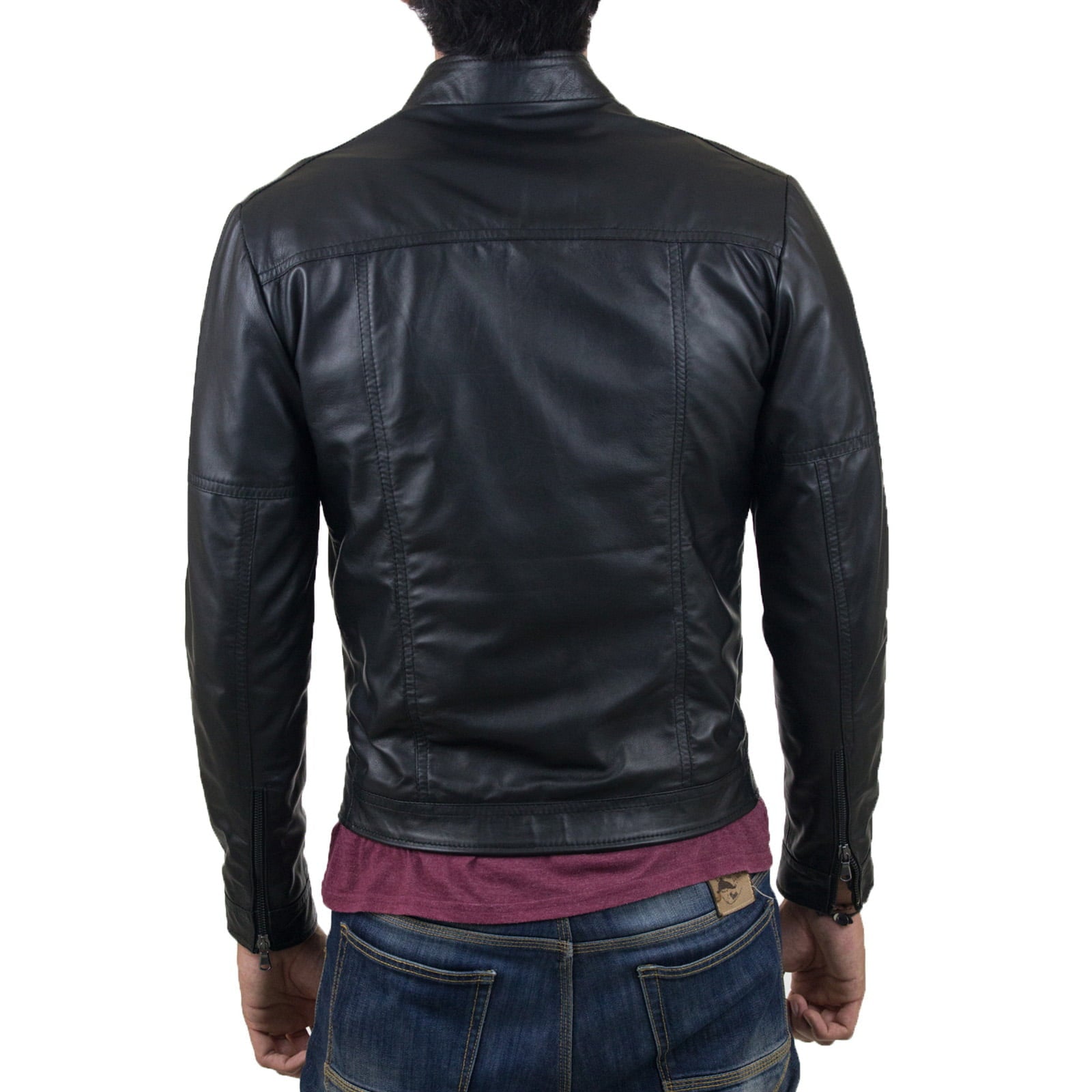 Men's Genuine Leather Biker Jacket Black Slim Details On The Arms Rindway