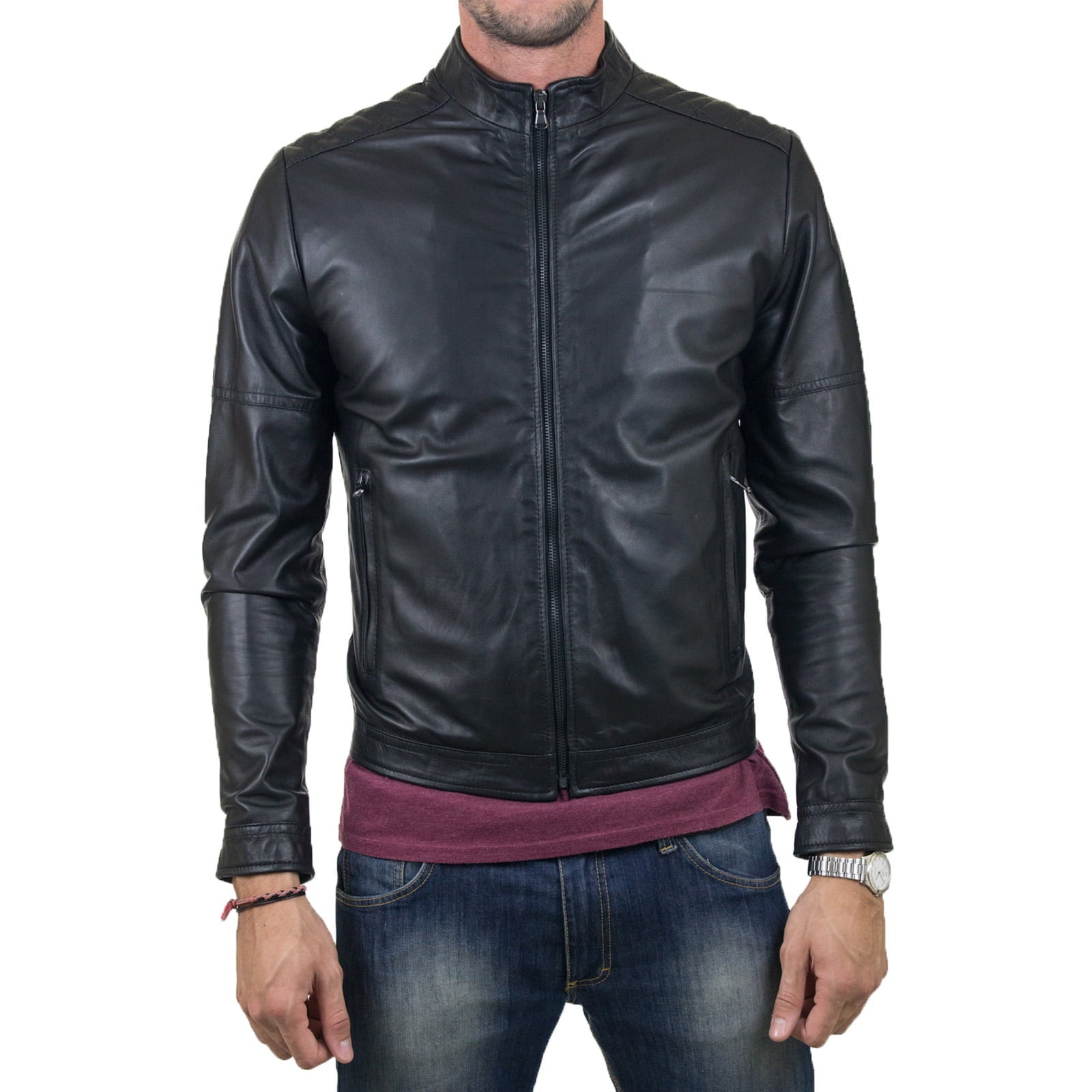 Rindway Slim Men's Genuine Leather Biker Jacket with Diamonds on the Shoulders