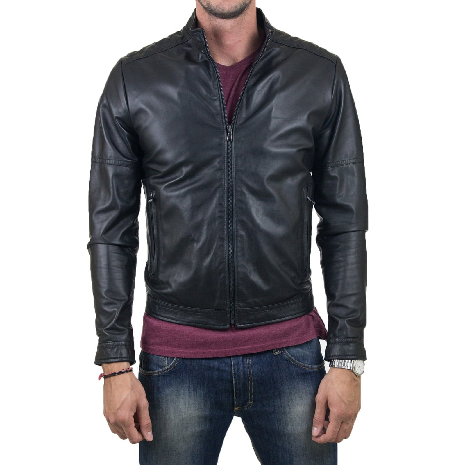 Rindway Slim Men's Genuine Leather Biker Jacket with Diamonds on the Shoulders