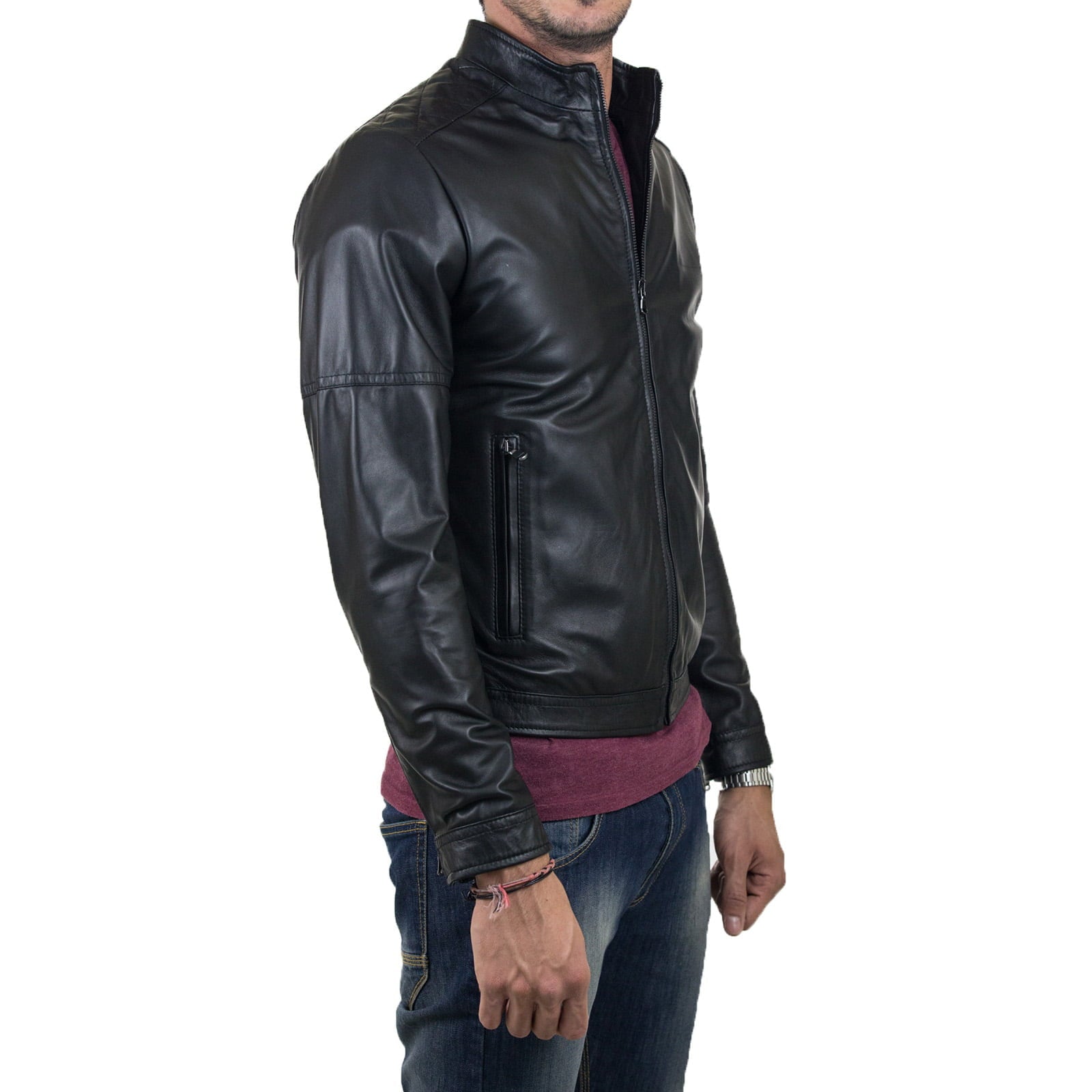 Rindway Slim Men's Genuine Leather Biker Jacket with Diamonds on the Shoulders