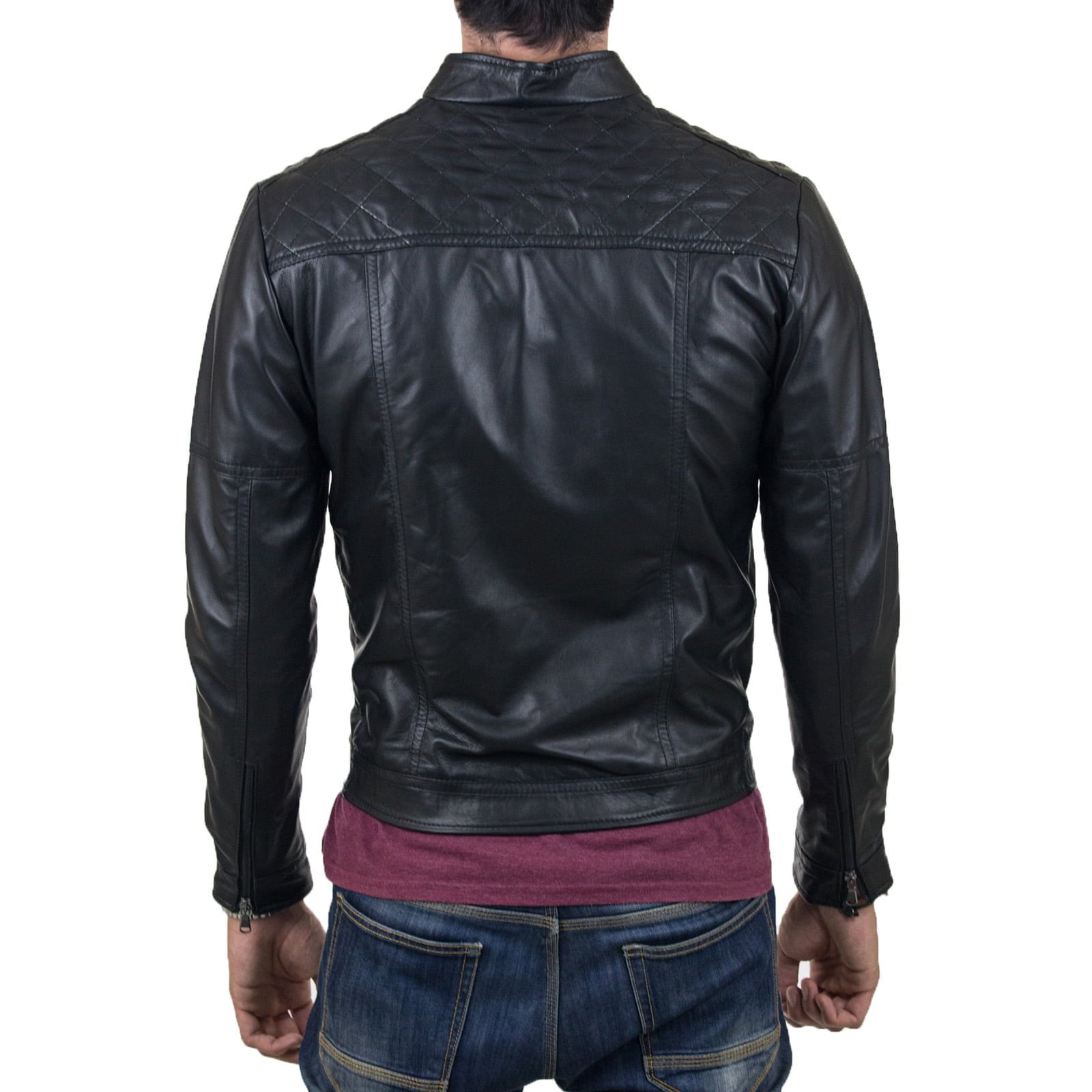 Giacca Biker In Vera Pelle Uomo Slim Rombi Sulle Spalle Rindway