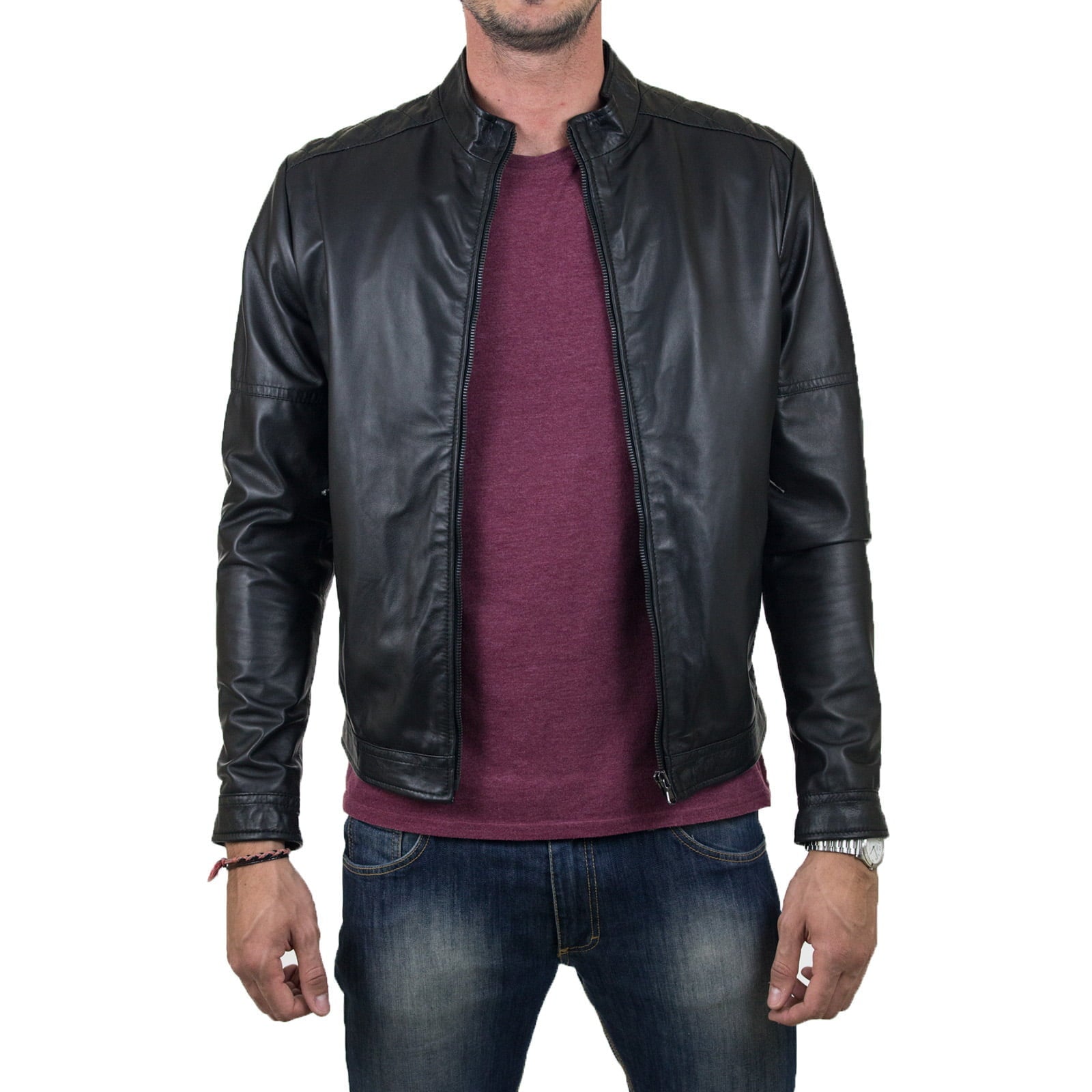 Rindway Slim Men's Genuine Leather Biker Jacket with Diamonds on the Shoulders