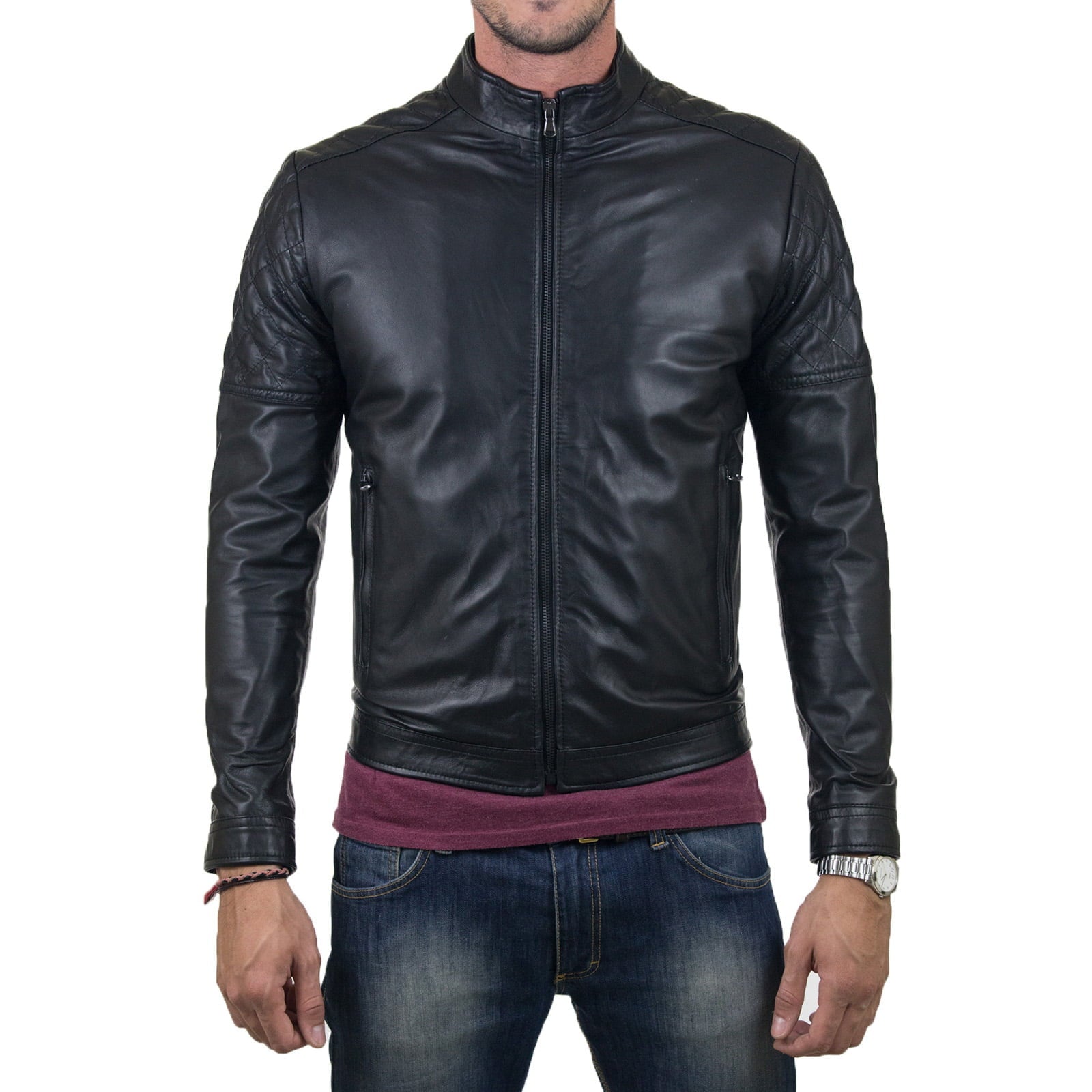 Slim Men's Brown Genuine Leather Biker Jacket With Diamond Arms and Shoulders Rindway