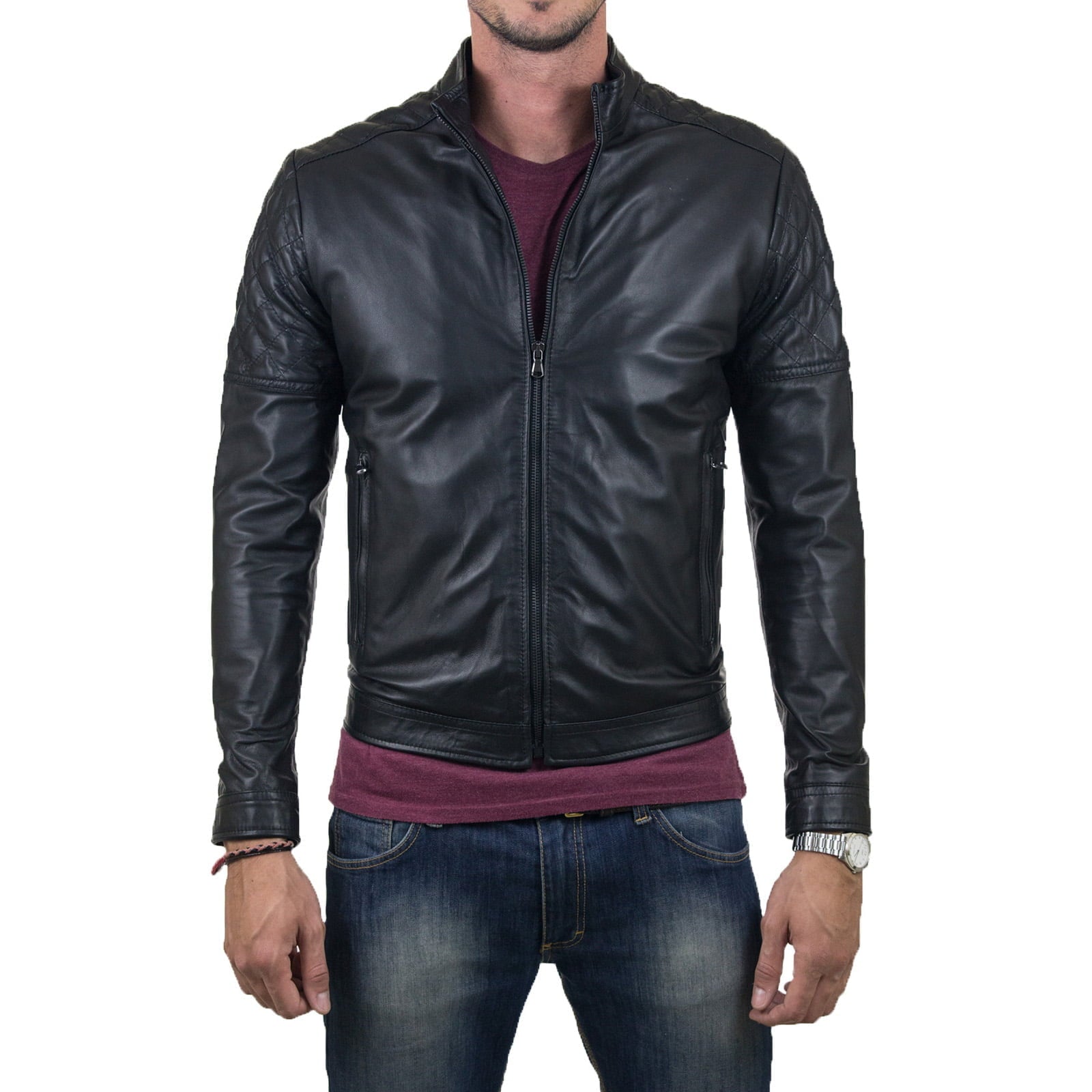 Slim Men's Brown Genuine Leather Biker Jacket With Diamond Arms and Shoulders Rindway