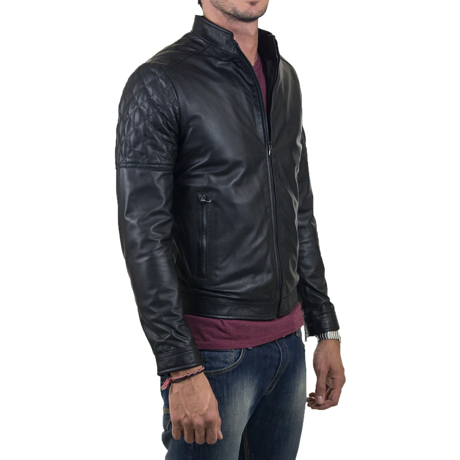 Slim Men's Brown Genuine Leather Biker Jacket With Diamond Arms and Shoulders Rindway