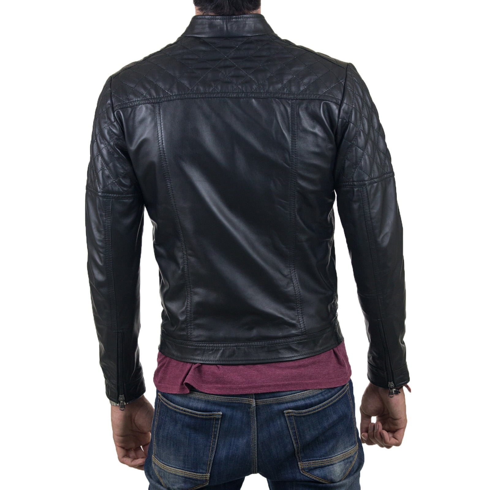 Slim Men's Brown Genuine Leather Biker Jacket With Diamond Arms and Shoulders Rindway