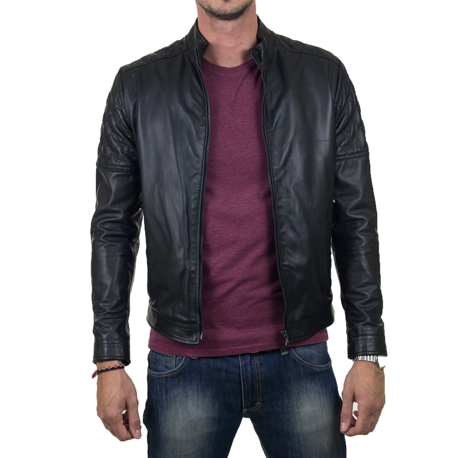 Slim Men's Brown Genuine Leather Biker Jacket With Diamond Arms and Shoulders Rindway