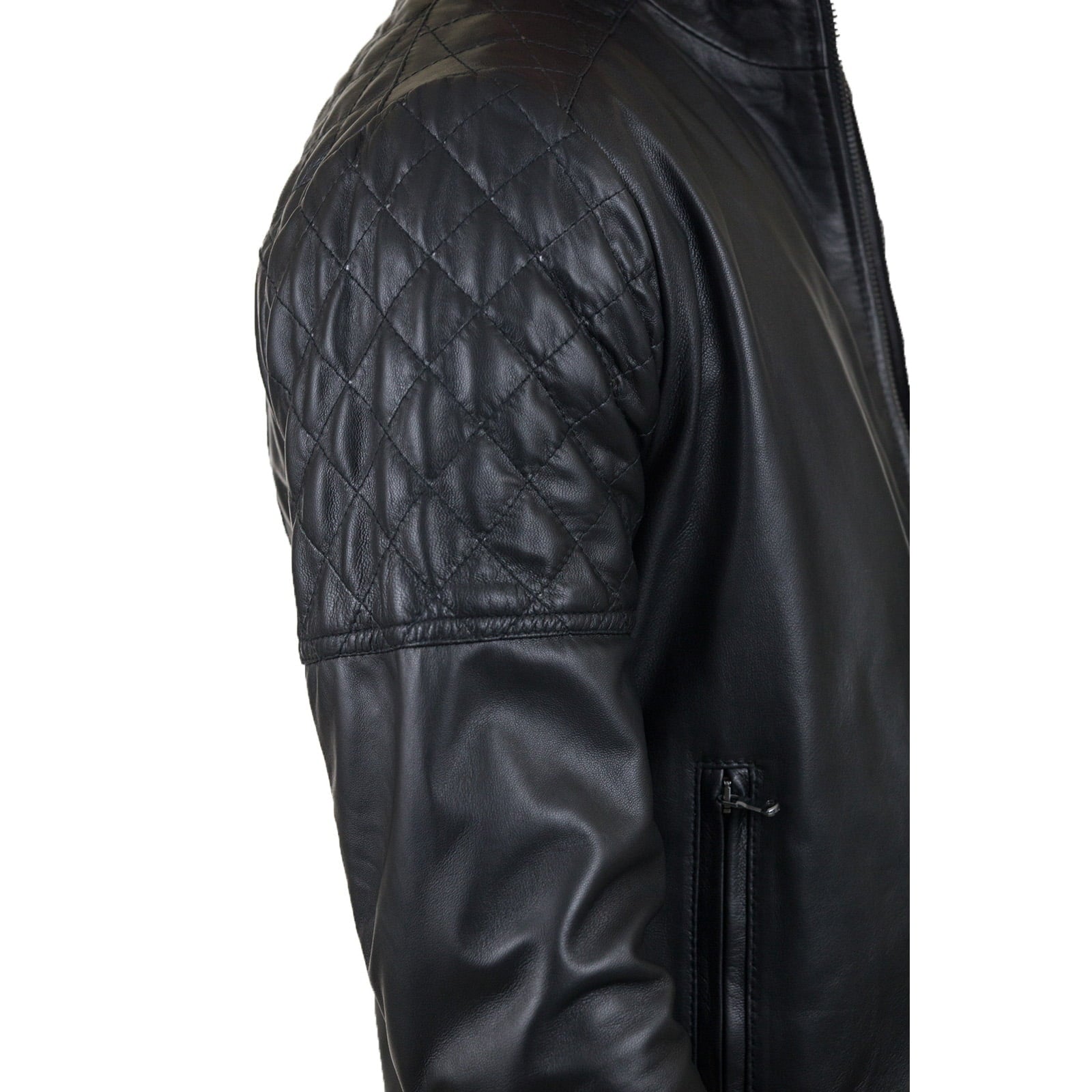 Slim Men's Black Genuine Leather Biker Jacket With Diamond Arms and Shoulders Rindway