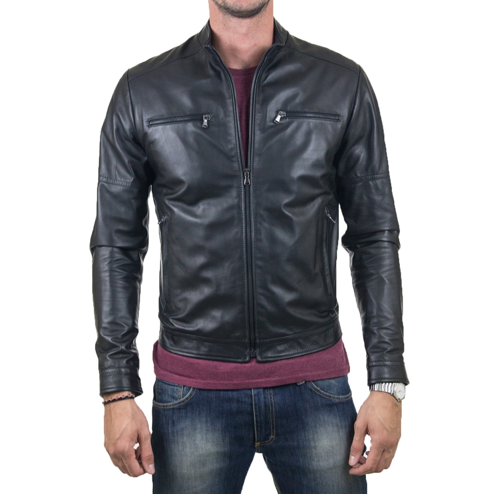 Giacca Biker In Vera Pelle Nera Uomo Slim Con Cerniera Fino Al Collo Rindway