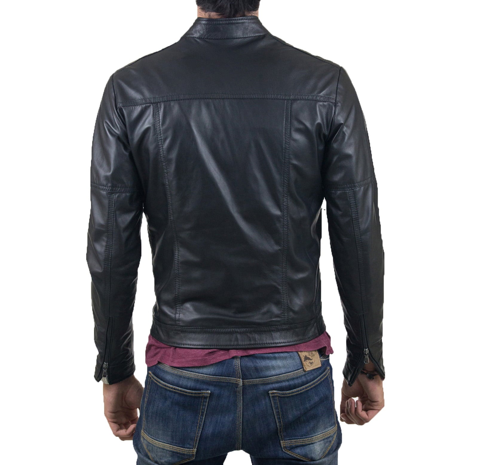 Rindway Slim Men's Black Genuine Leather Biker Jacket with Zip Up to the Neck