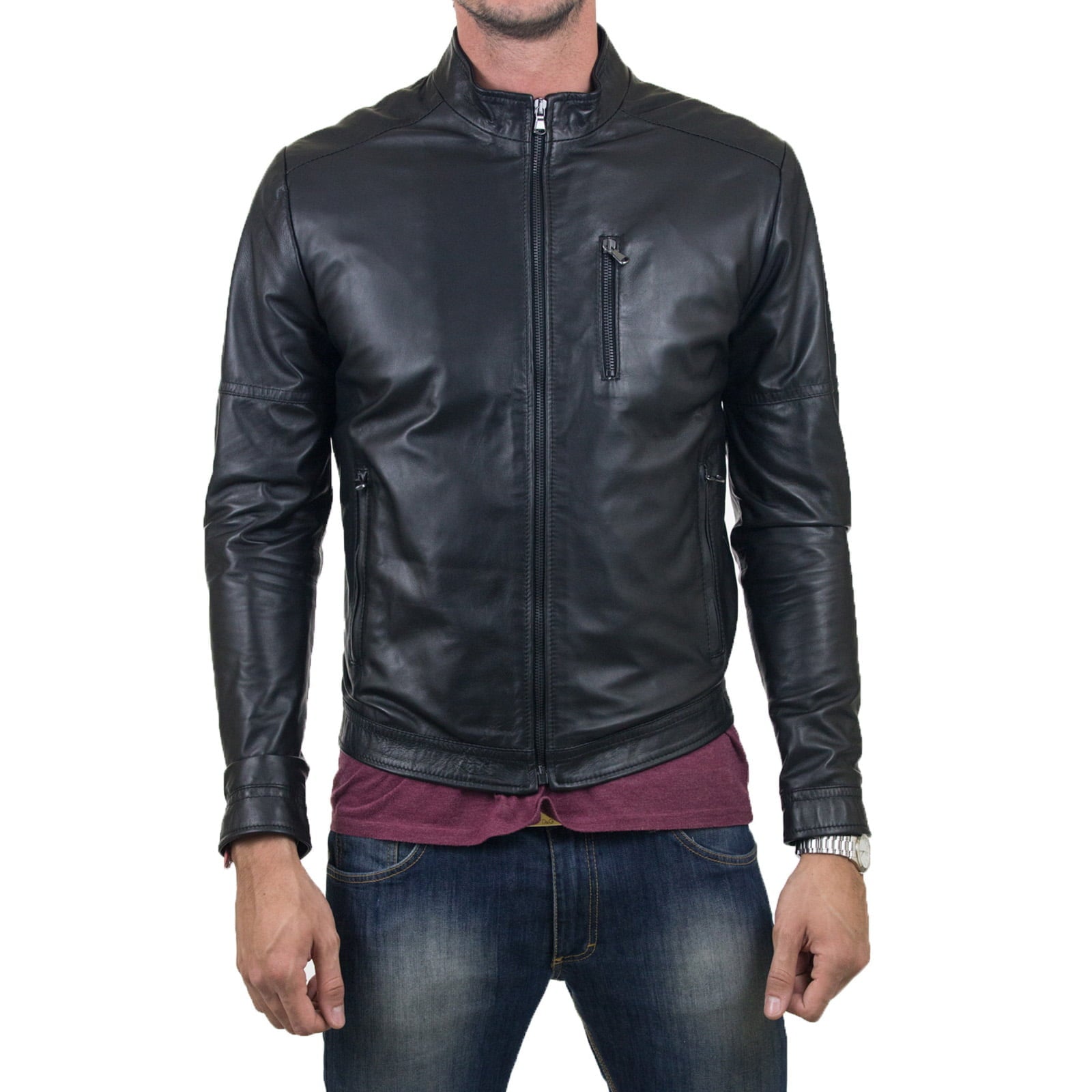 Rindway Slim Men's Genuine Leather Biker Jacket Vertical Front Zipper