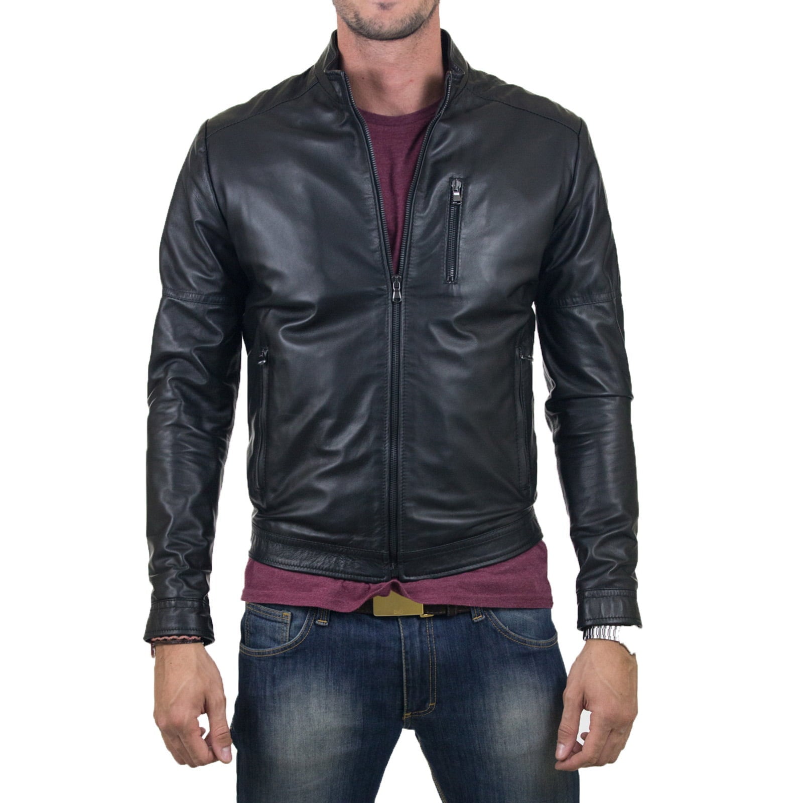 Rindway Slim Men's Genuine Leather Biker Jacket Vertical Front Zipper