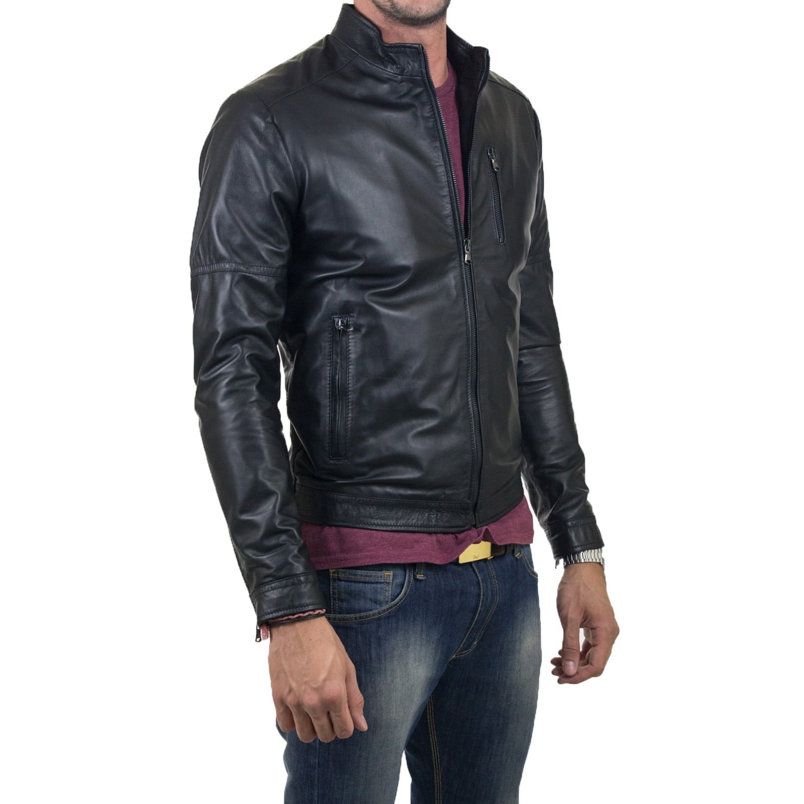 Rindway Slim Men's Genuine Leather Biker Jacket Vertical Front Zipper