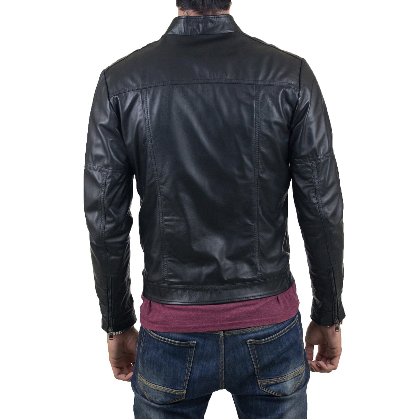 Rindway Slim Men's Genuine Leather Biker Jacket Vertical Front Zipper