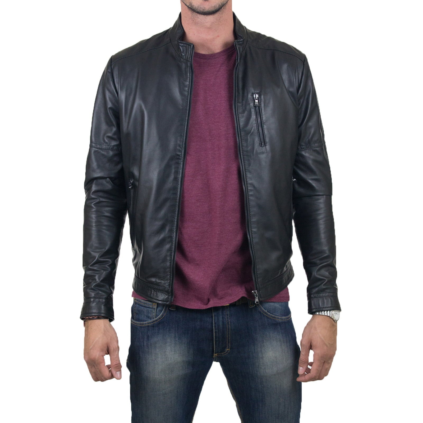 Rindway Slim Men's Genuine Leather Biker Jacket Vertical Front Zipper