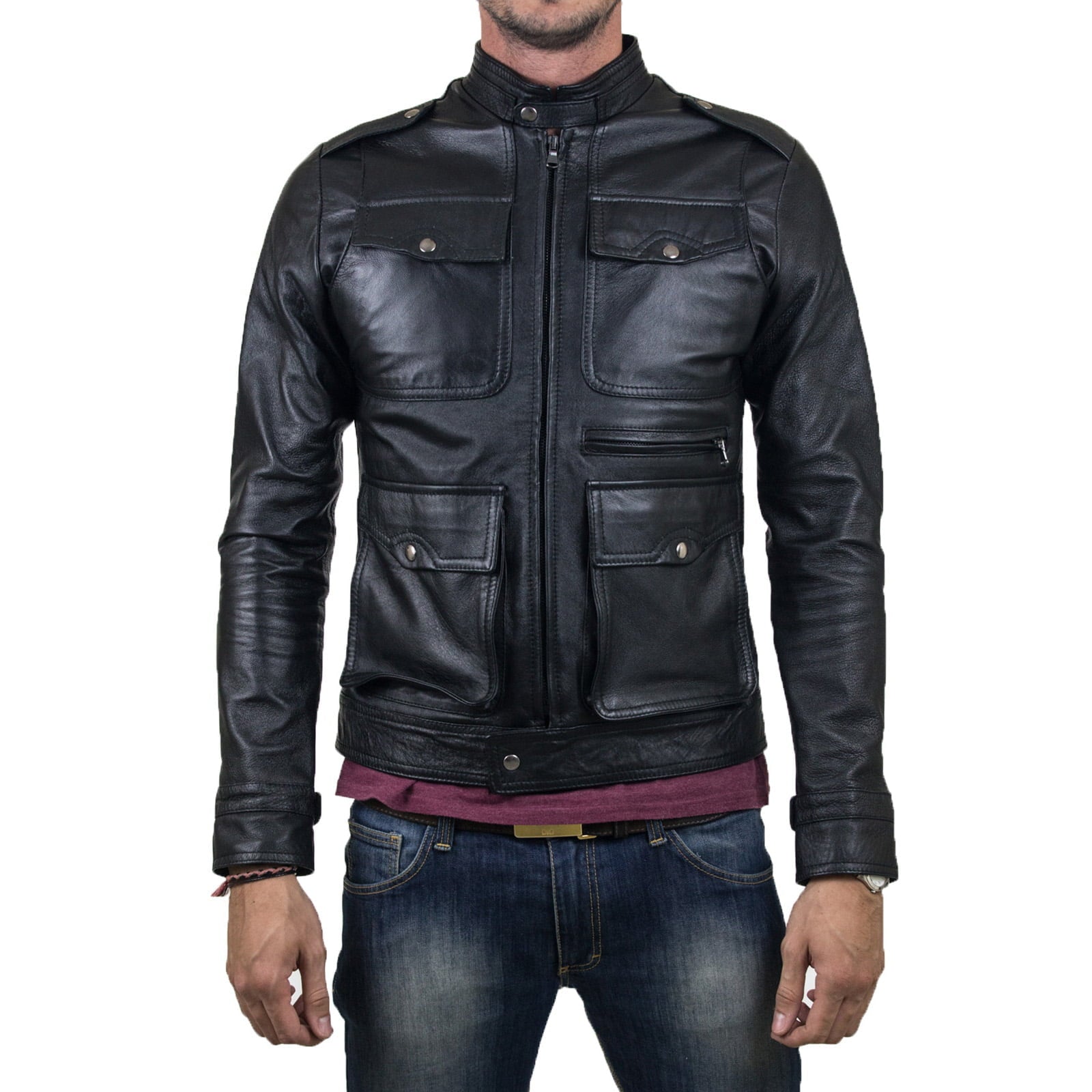 Slim Men's Black Genuine Leather Biker Jacket with Four Big Pockets with Rindway Button