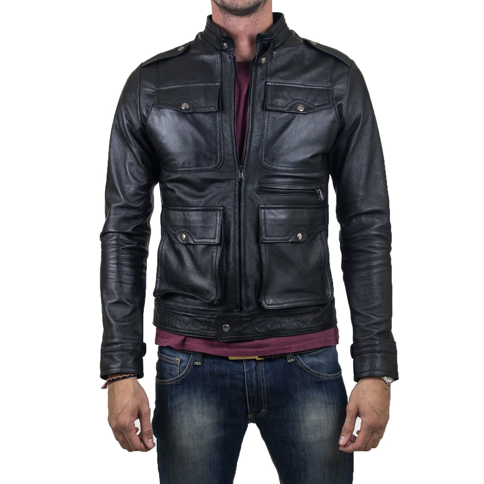 Slim Men's Black Genuine Leather Biker Jacket with Four Big Pockets with Rindway Button