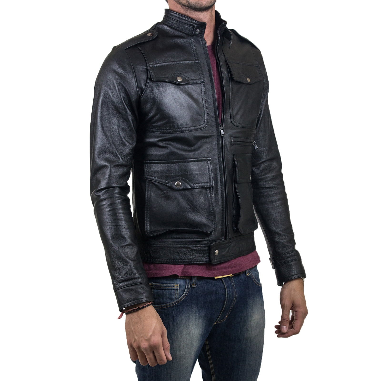 Slim Men's Black Genuine Leather Biker Jacket with Four Big Pockets with Rindway Button