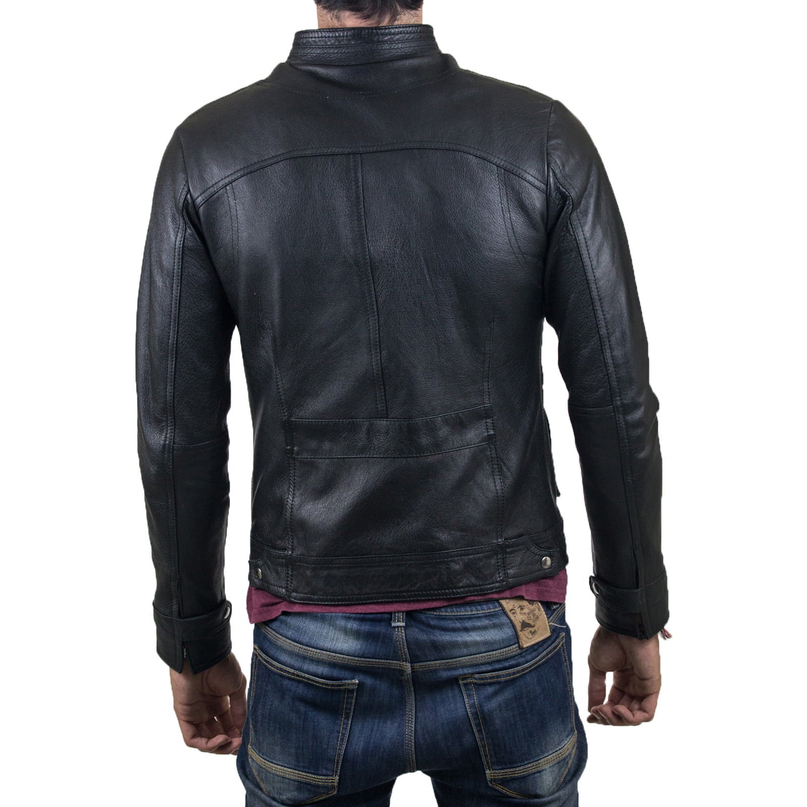 Slim Men's Black Genuine Leather Biker Jacket with Four Big Pockets with Rindway Button