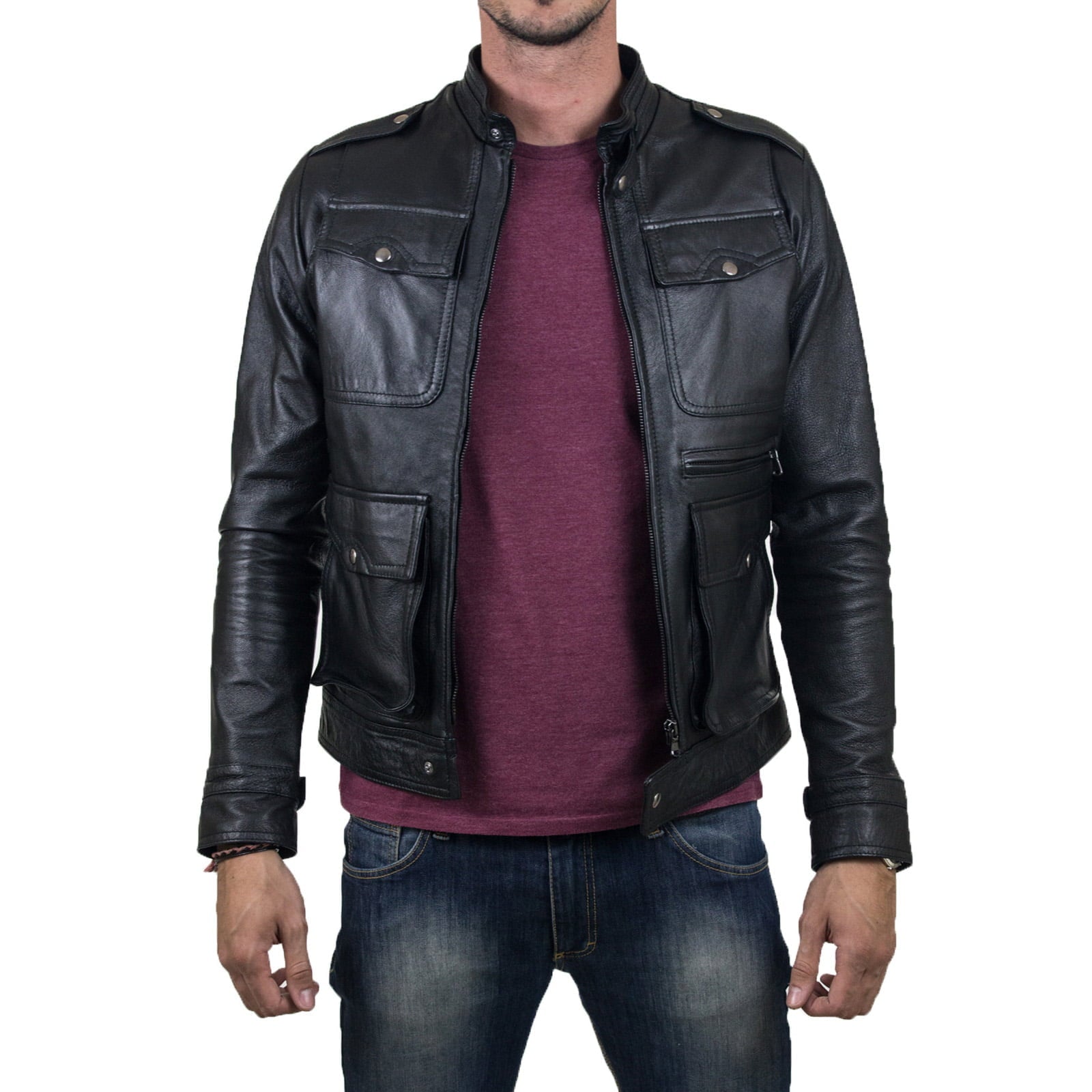 Slim Men's Black Genuine Leather Biker Jacket with Four Big Pockets with Rindway Button