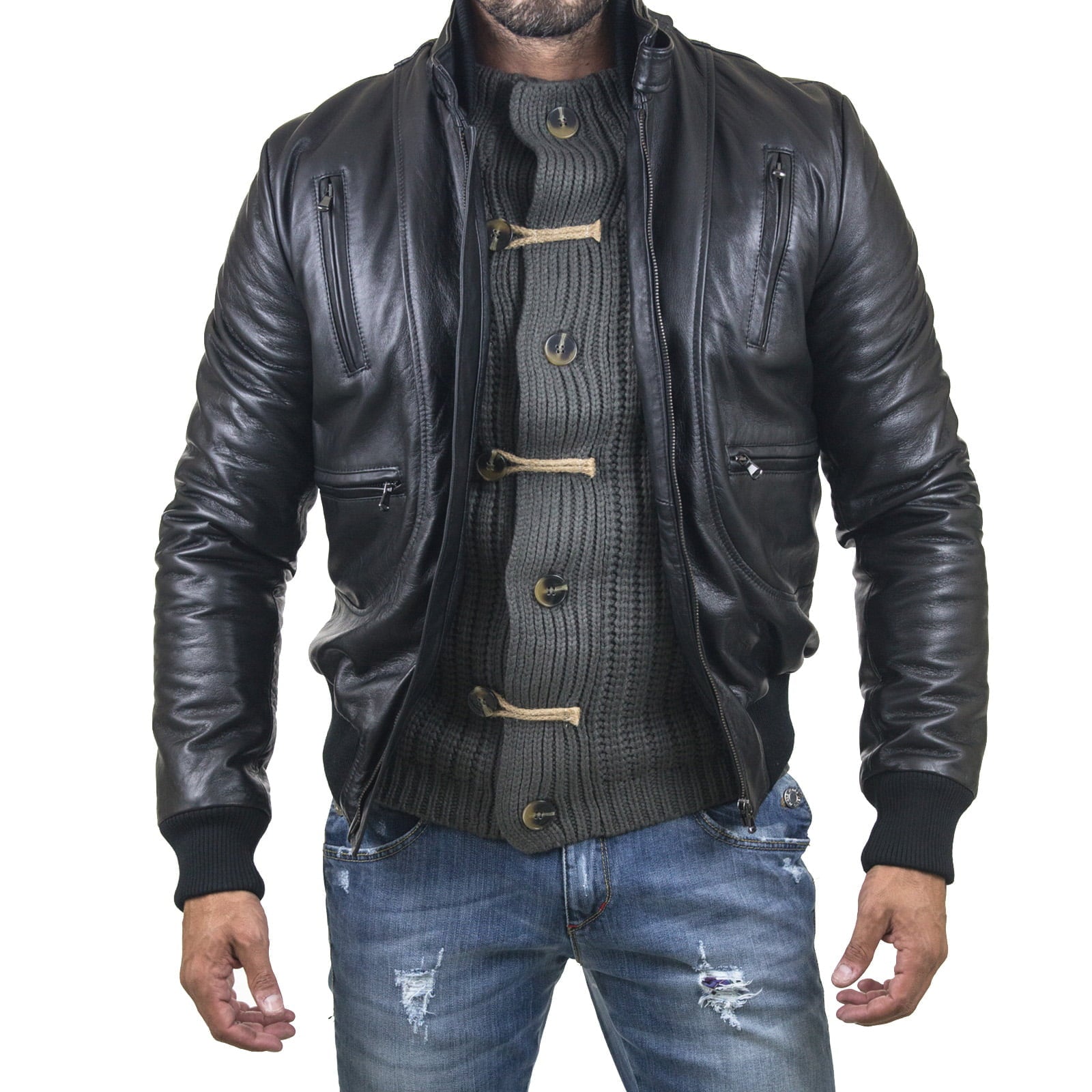 Slim Men's Genuine Leather Jacket Artisan Production Cod.168-Rindway Outlet