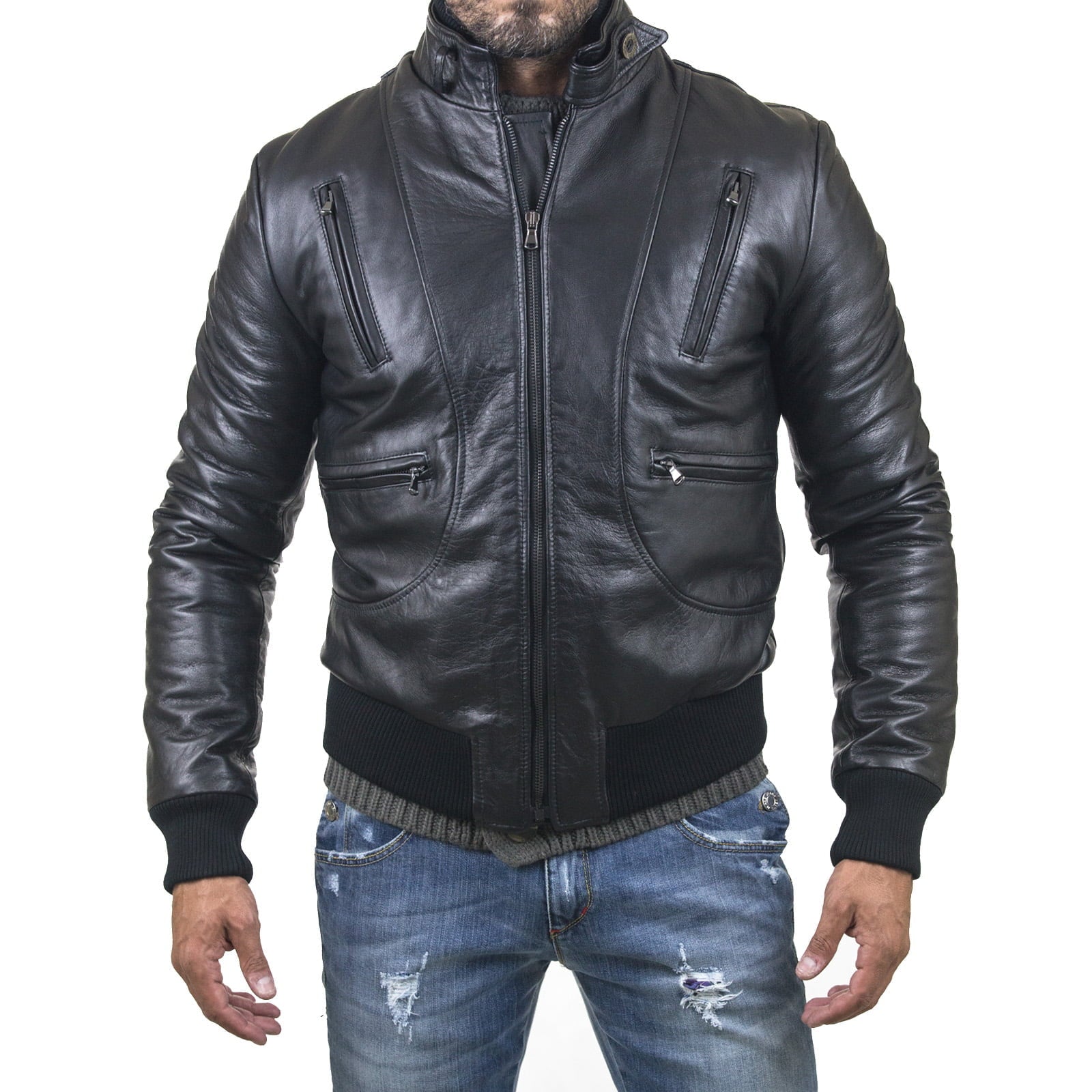 Slim Men's Genuine Leather Jacket Artisan Production Cod.168-Rindway Outlet