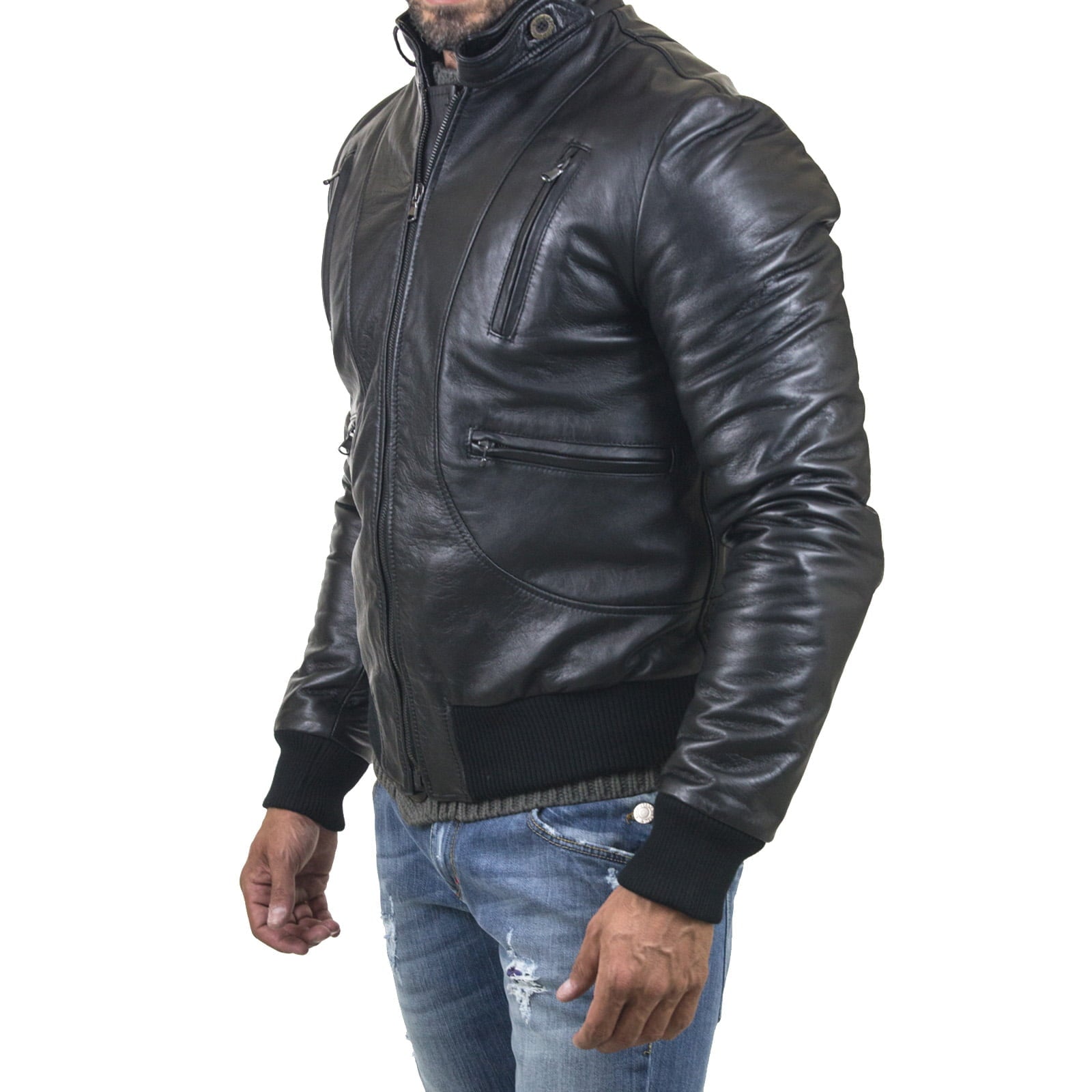 Slim Men's Genuine Leather Jacket Artisan Production Cod.168-Rindway Outlet