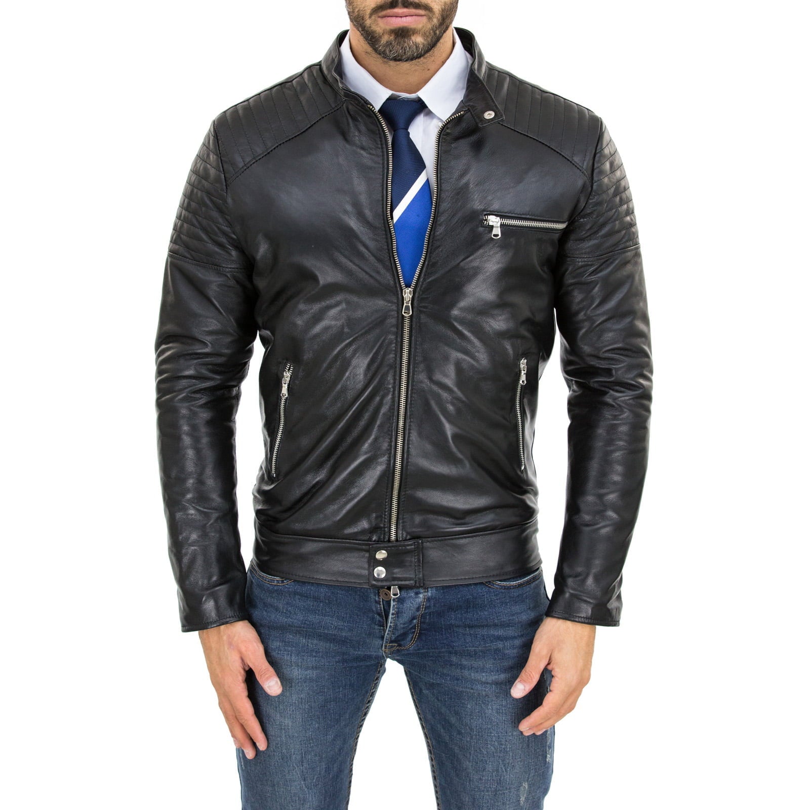 Giacca Biker In Vera Pelle Blu Uomo Slim Linee Spalle Accessori Argento Rindway