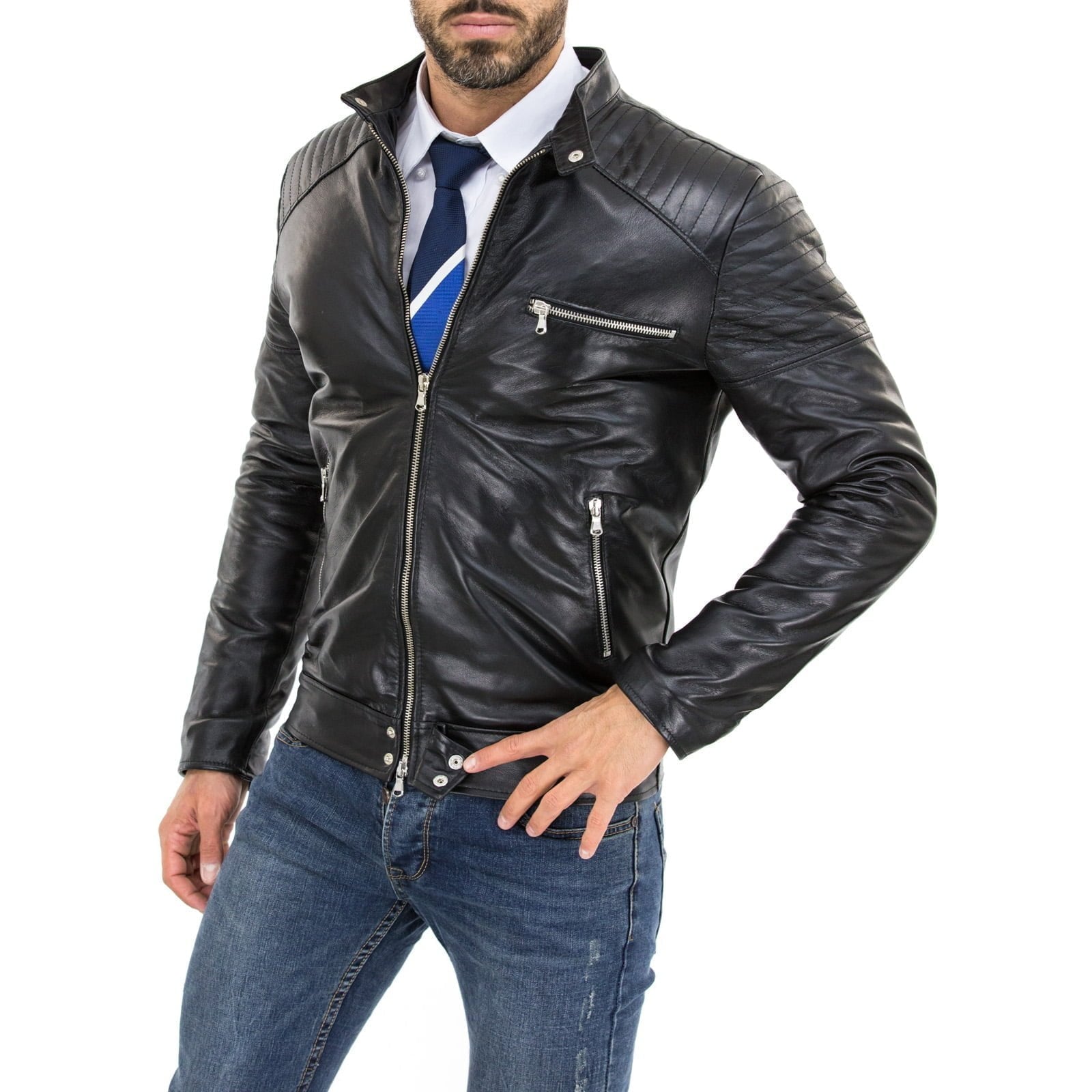 Giacca Biker In Vera Pelle Marrone Uomo Slim Linee Spalle Accessori Argento Rindway