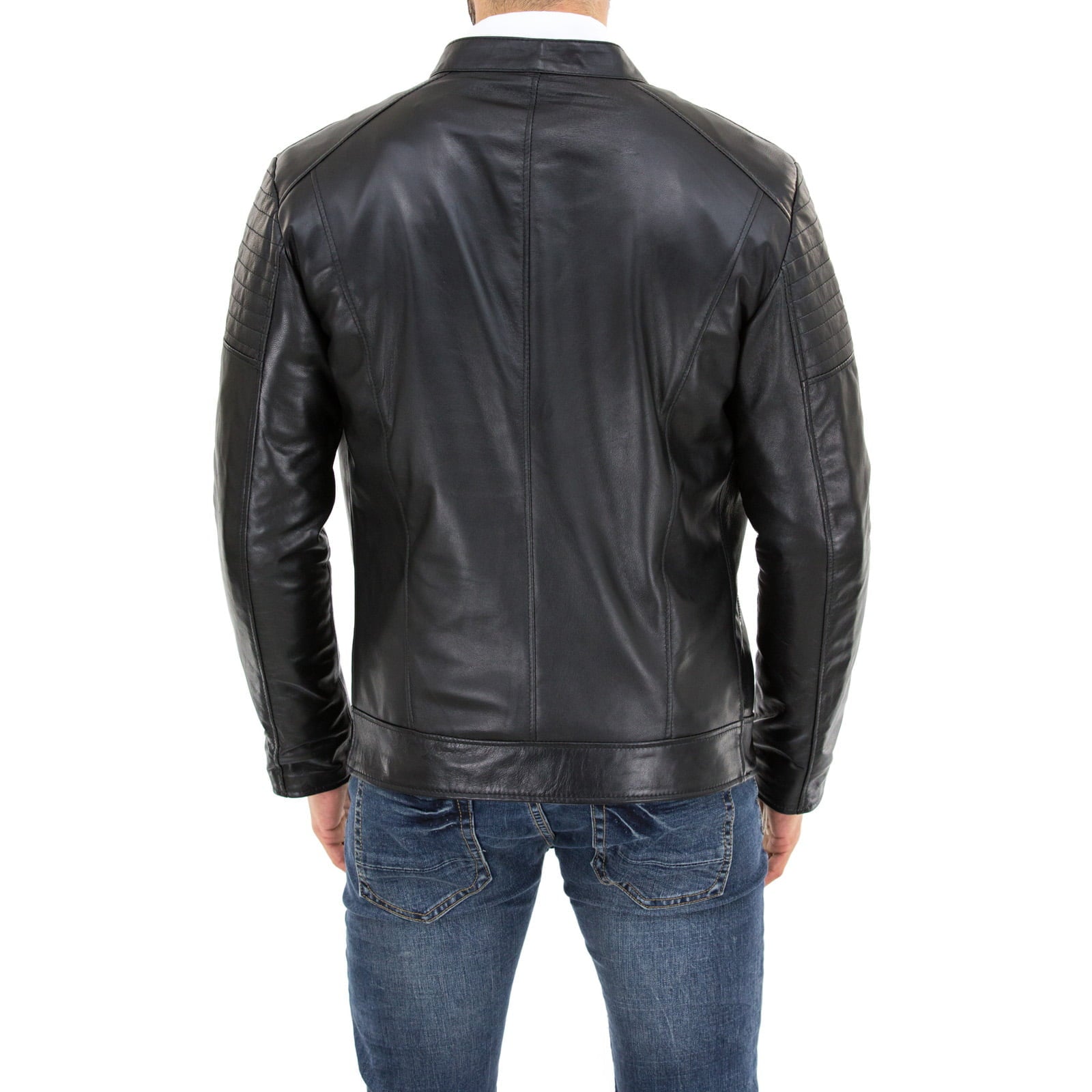 Giacca Biker In Vera Pelle Blu Uomo Slim Linee Spalle Accessori Argento Rindway