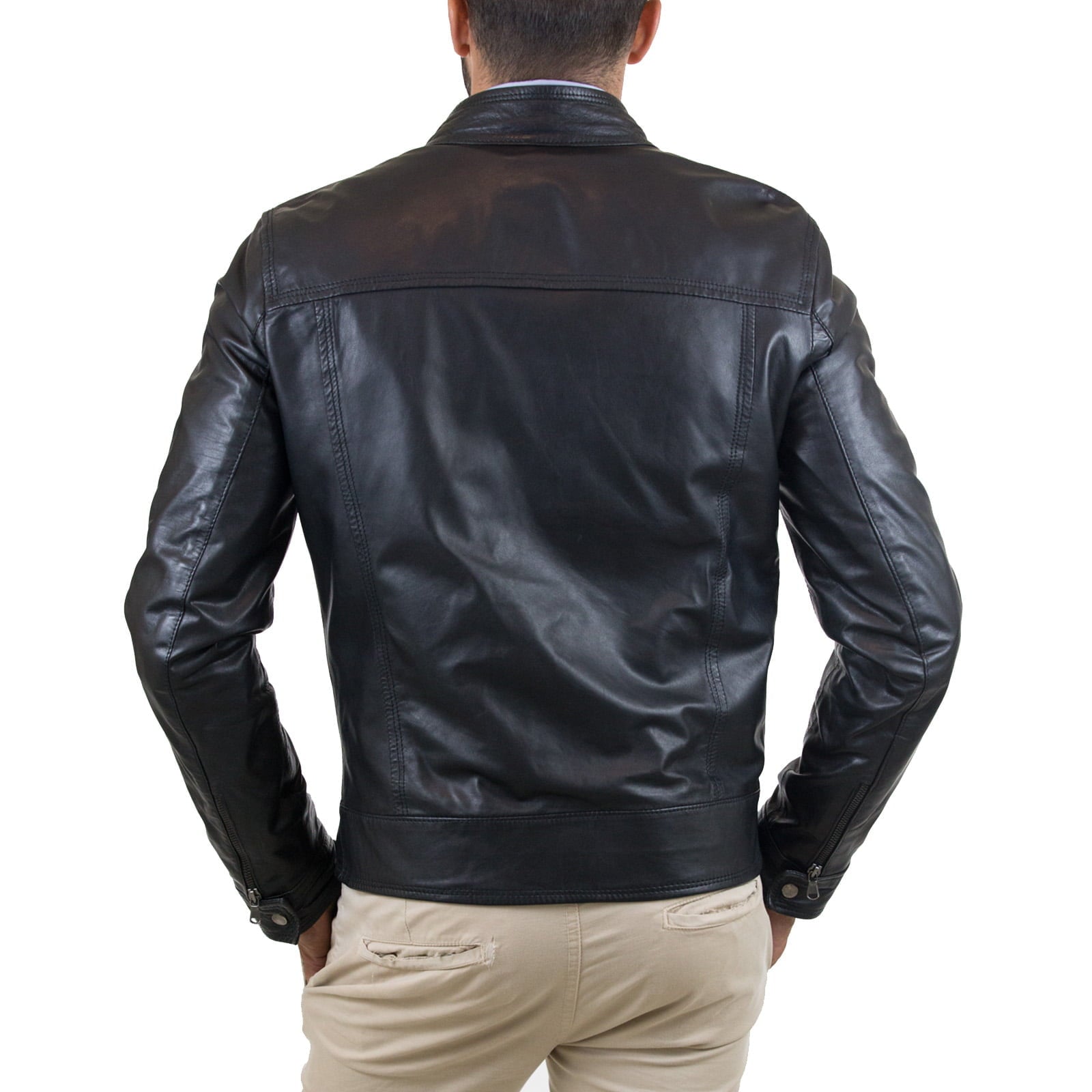 Giacca Biker In Vera Pelle Nera Uomo Slim Collo Con Bottoni Rindway