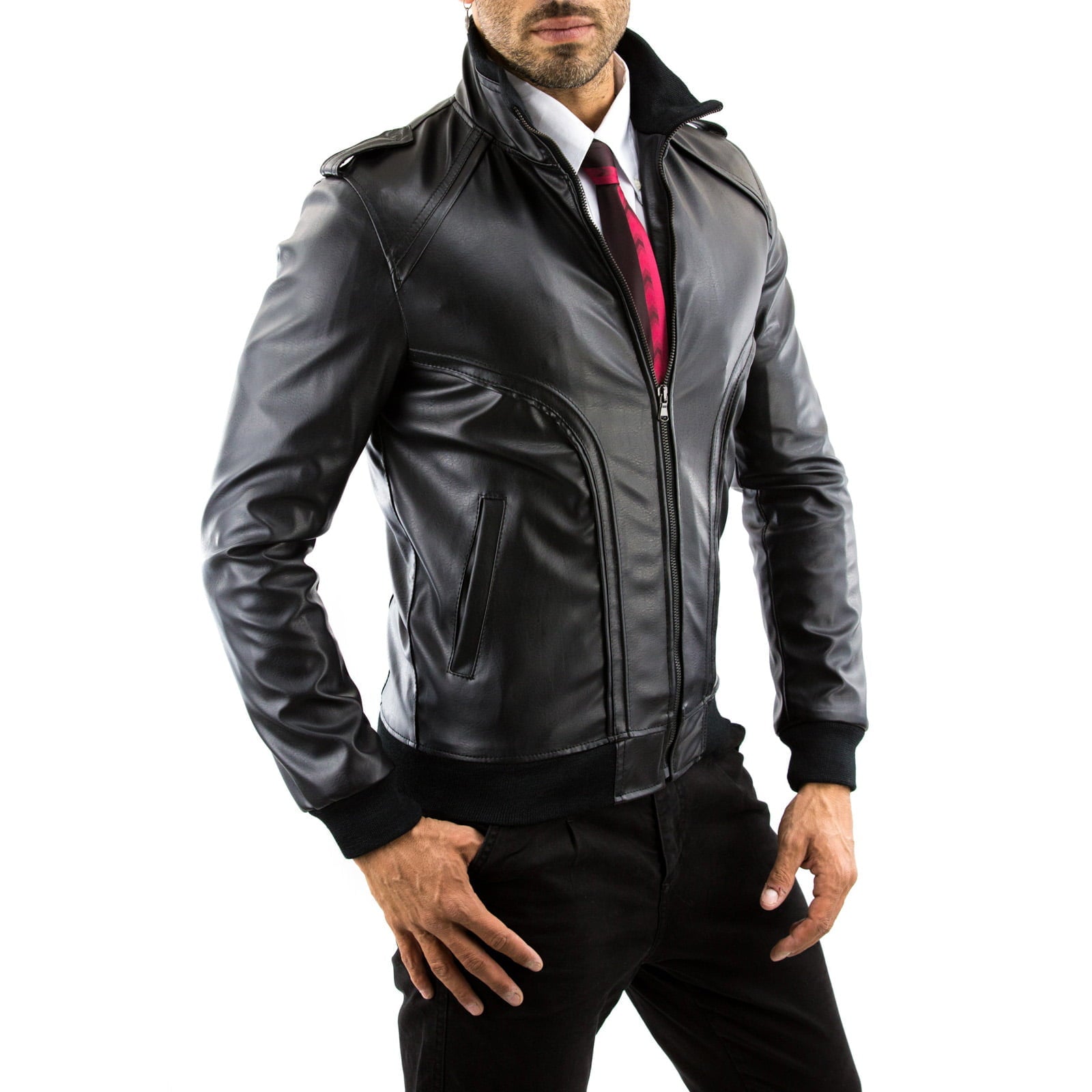 Men's Blue Genuine Leather Bomber Jacket With Front Details OUTLET Rindway