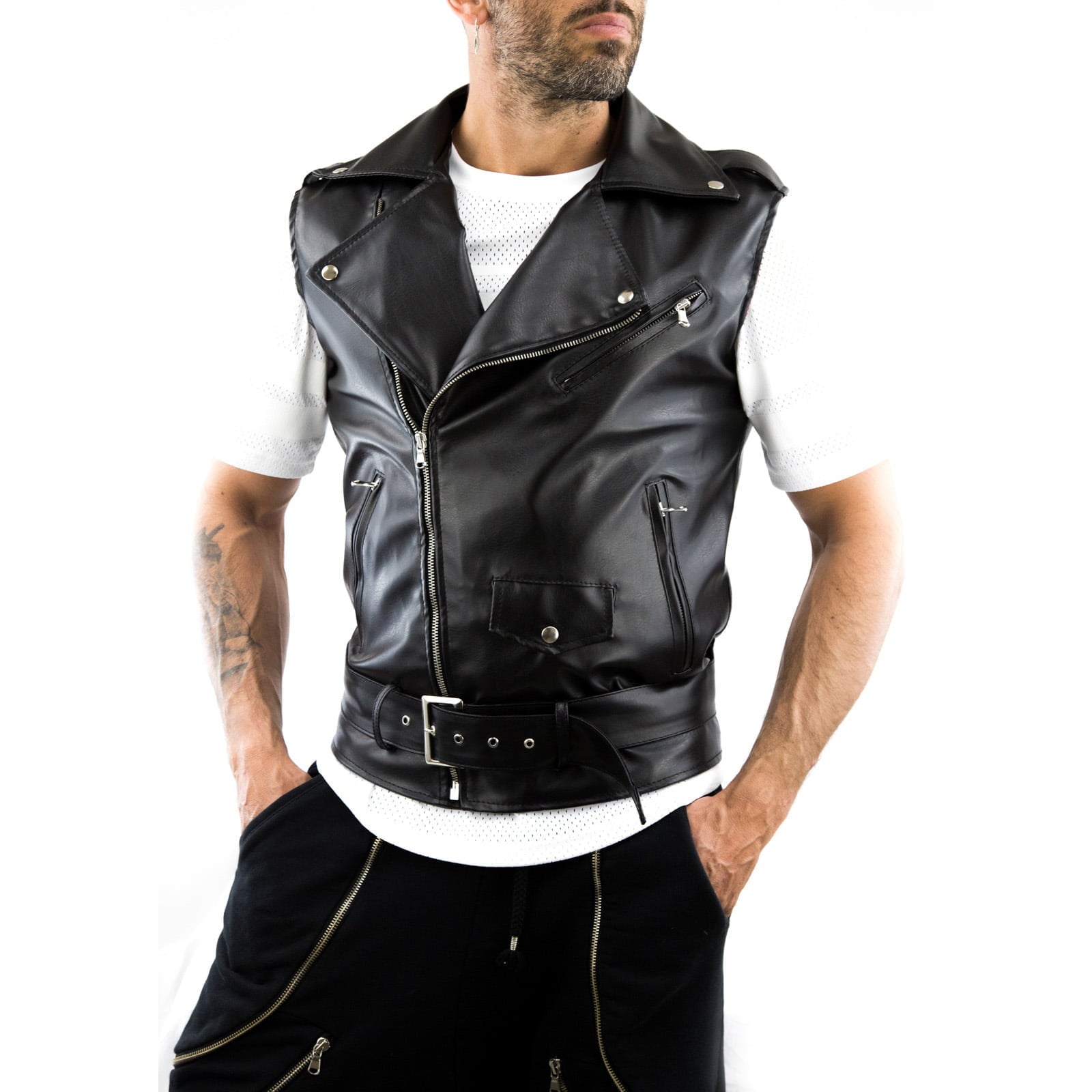 Rindway Men's Slim Sleeveless Biker Jacket In Genuine Leather Black