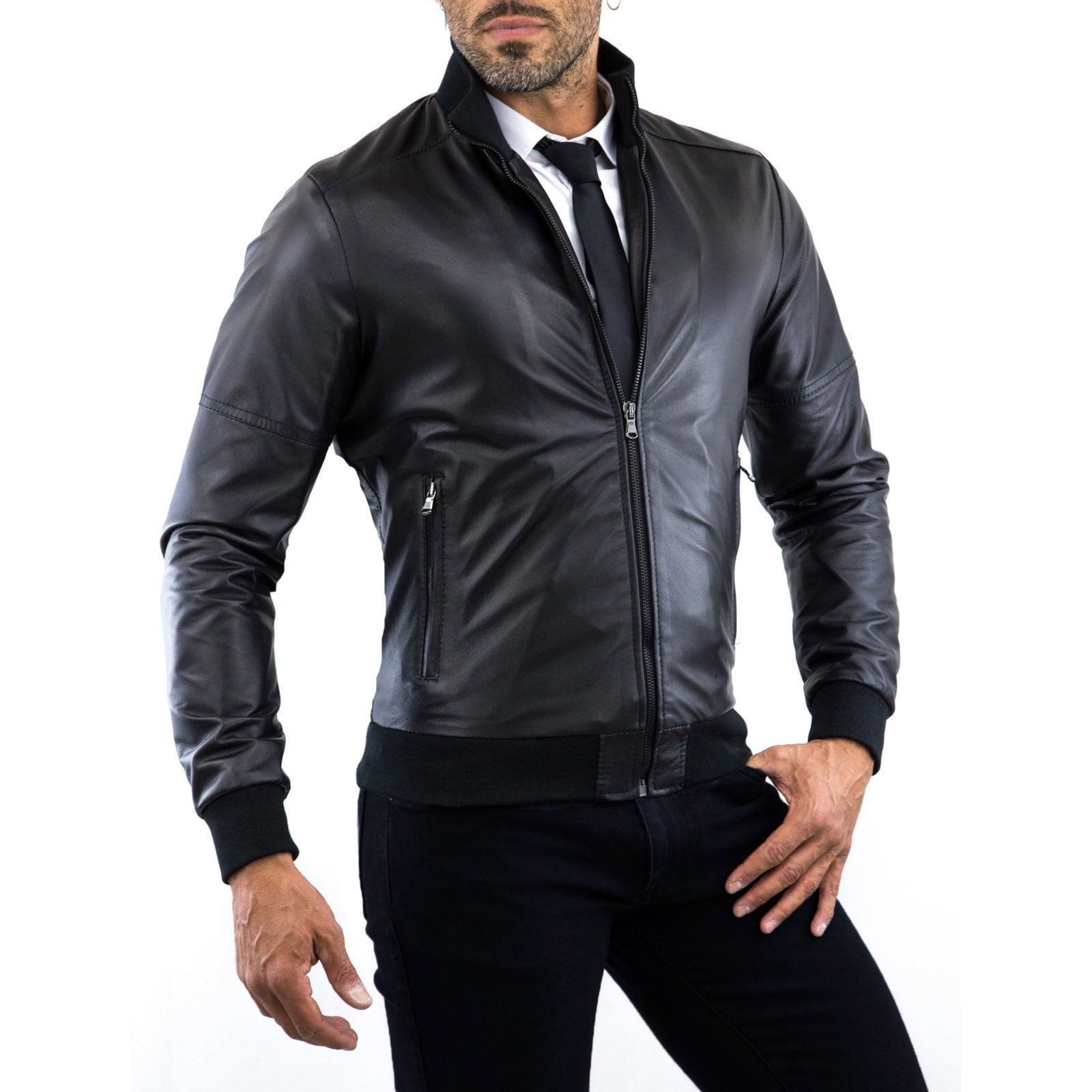 Bomber Jacket in Genuine Black Leather for Men with Rindway Stitching