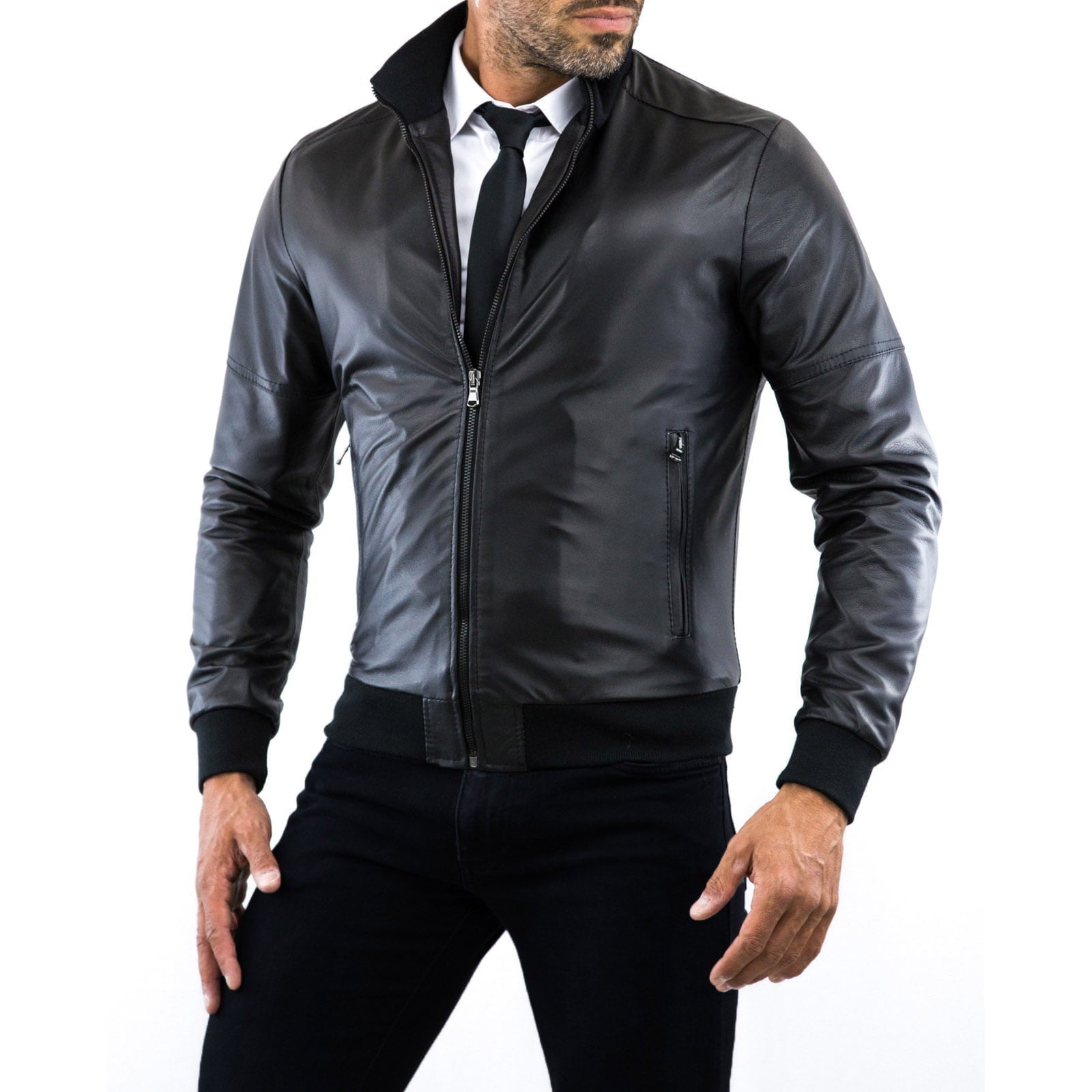 Bomber Jacket in Genuine Black Leather for Men with Rindway Stitching