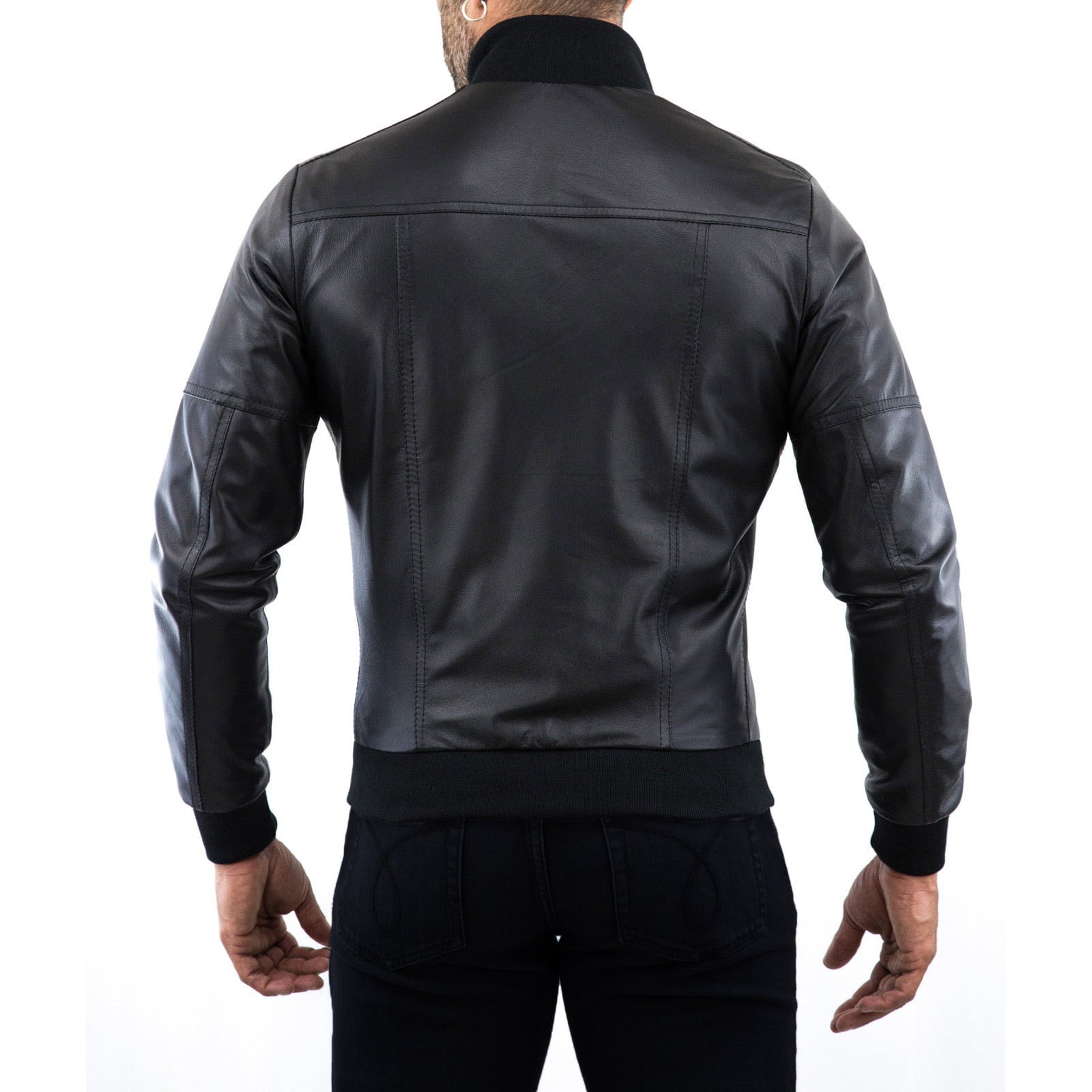 Bomber Jacket in Genuine Black Leather for Men with Rindway Stitching