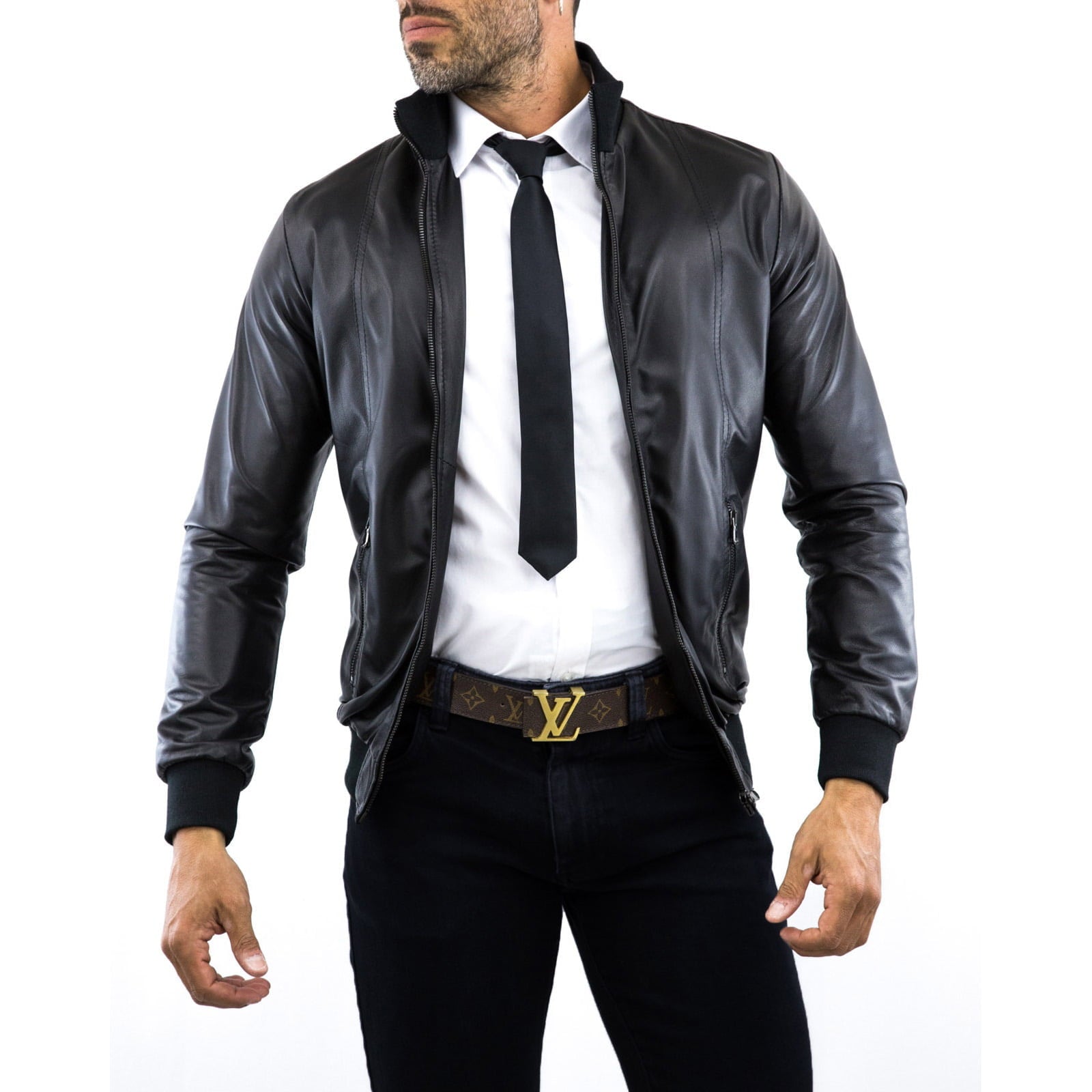 Rindway Men's Black Genuine Leather Bomber Jacket with Front Cuts